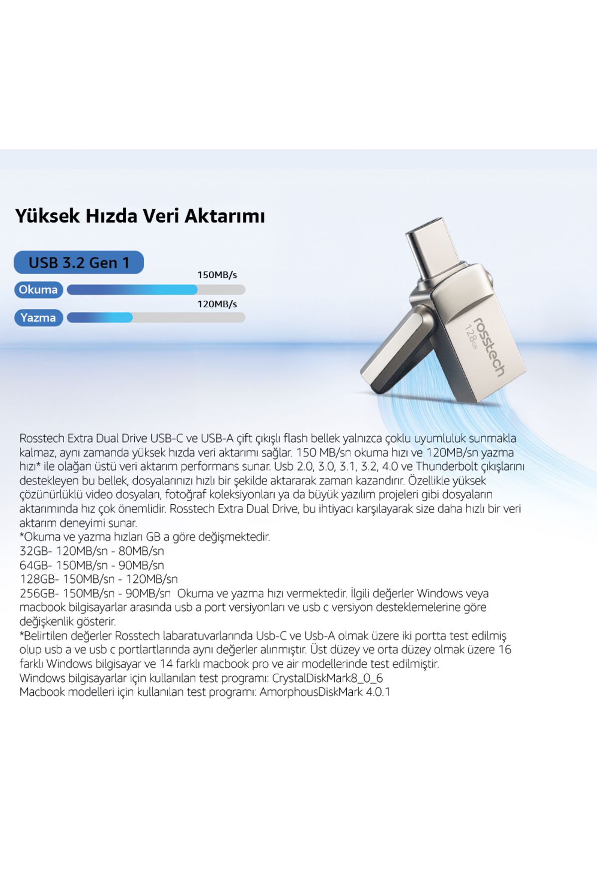 ROSSTECH-محرك أقراص مزدوج إضافي سعة 128 جيجابايت USB 3.2 Gen1 إلى ذاكرة فلاش من النوع C بسرعة 150 ميجابايت في الثانية 8