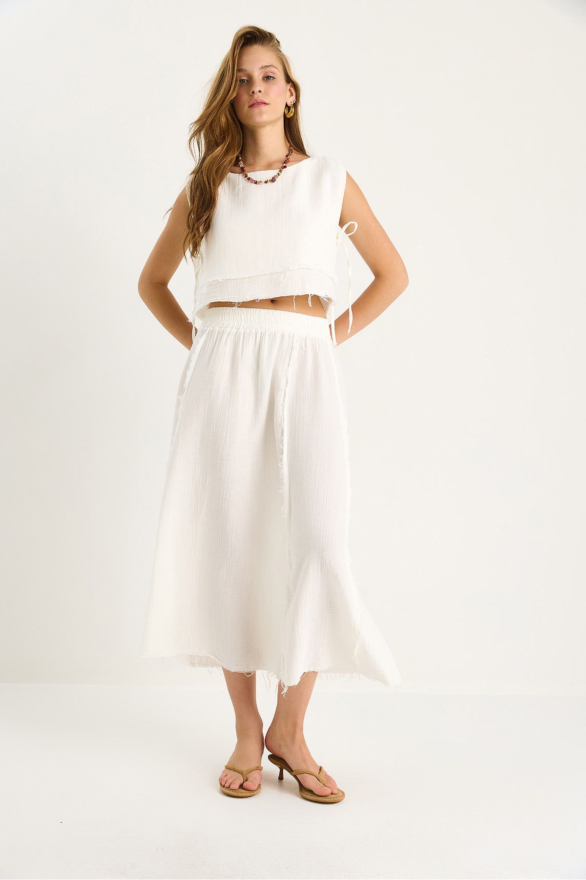 Bianco Lucci-Women's Elastic Waist Skirt with Side Tie Detail Crop Muslin Bottom-Top Set 60283236 3