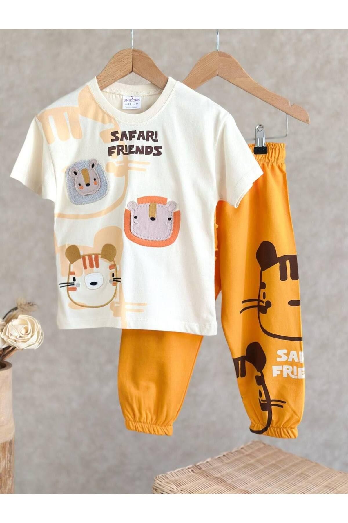 MİO-Boy's Cotton Ecru Orange Safari Friends Suit - Orange with 3D Lion and Tiger Applique 2
