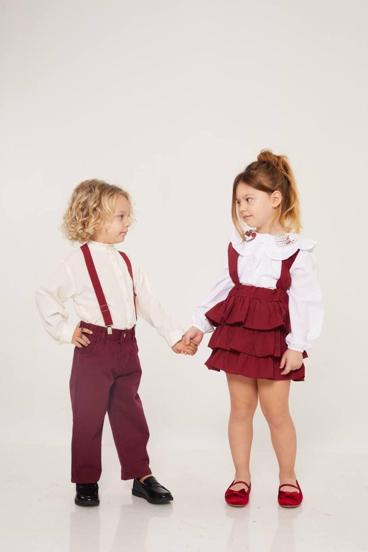 MİO-Boy's Gabardine Suspender Suit Claret Red 3
