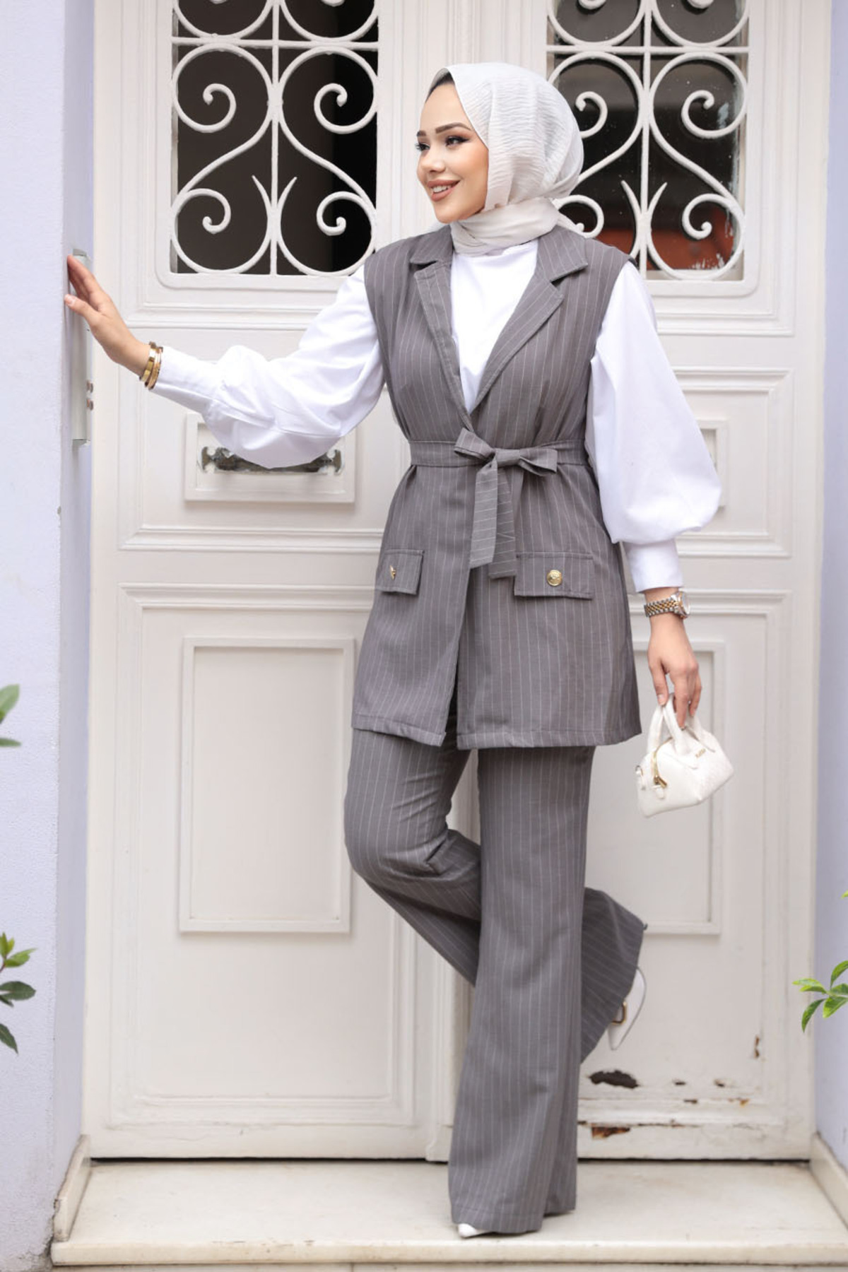 N.S NEVA STYLE-Striped Dark Gray Vest Hijab Double Suit 12551Kgr 1