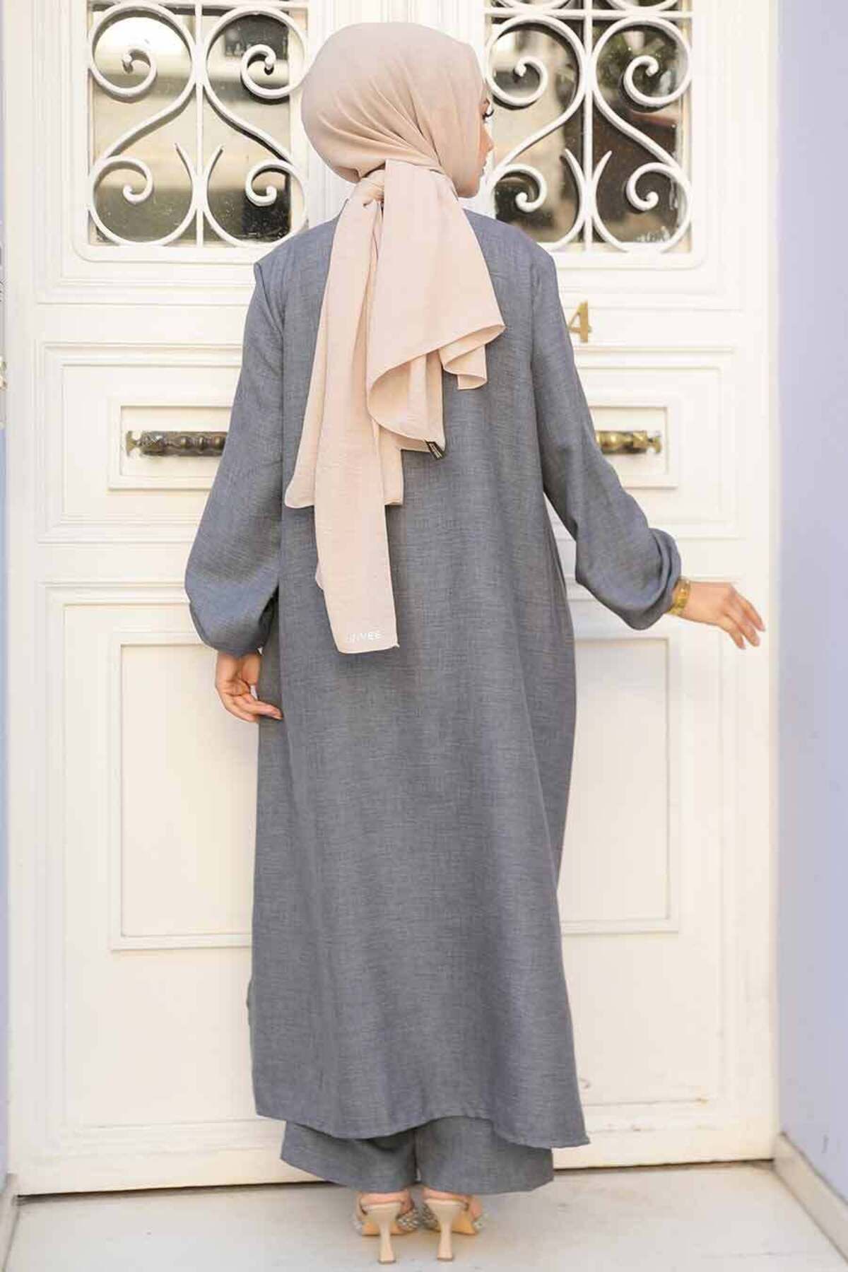 Neva Style-Smoked Hijab Double Set - Buttoned, 19017FU 4