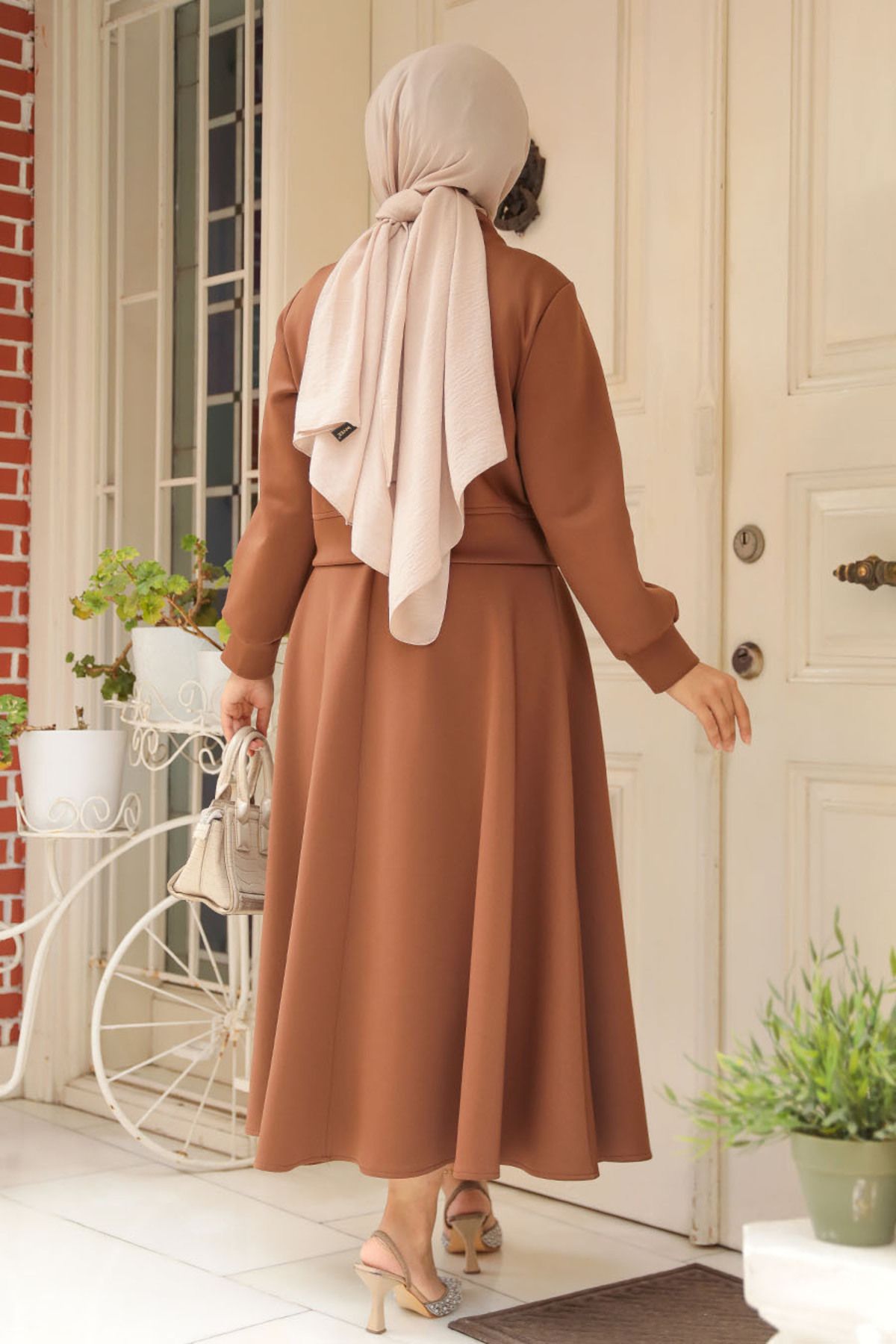 Neva Style-Set dublu cu nasturi cu fustă Hijab maro - 12261KH 3