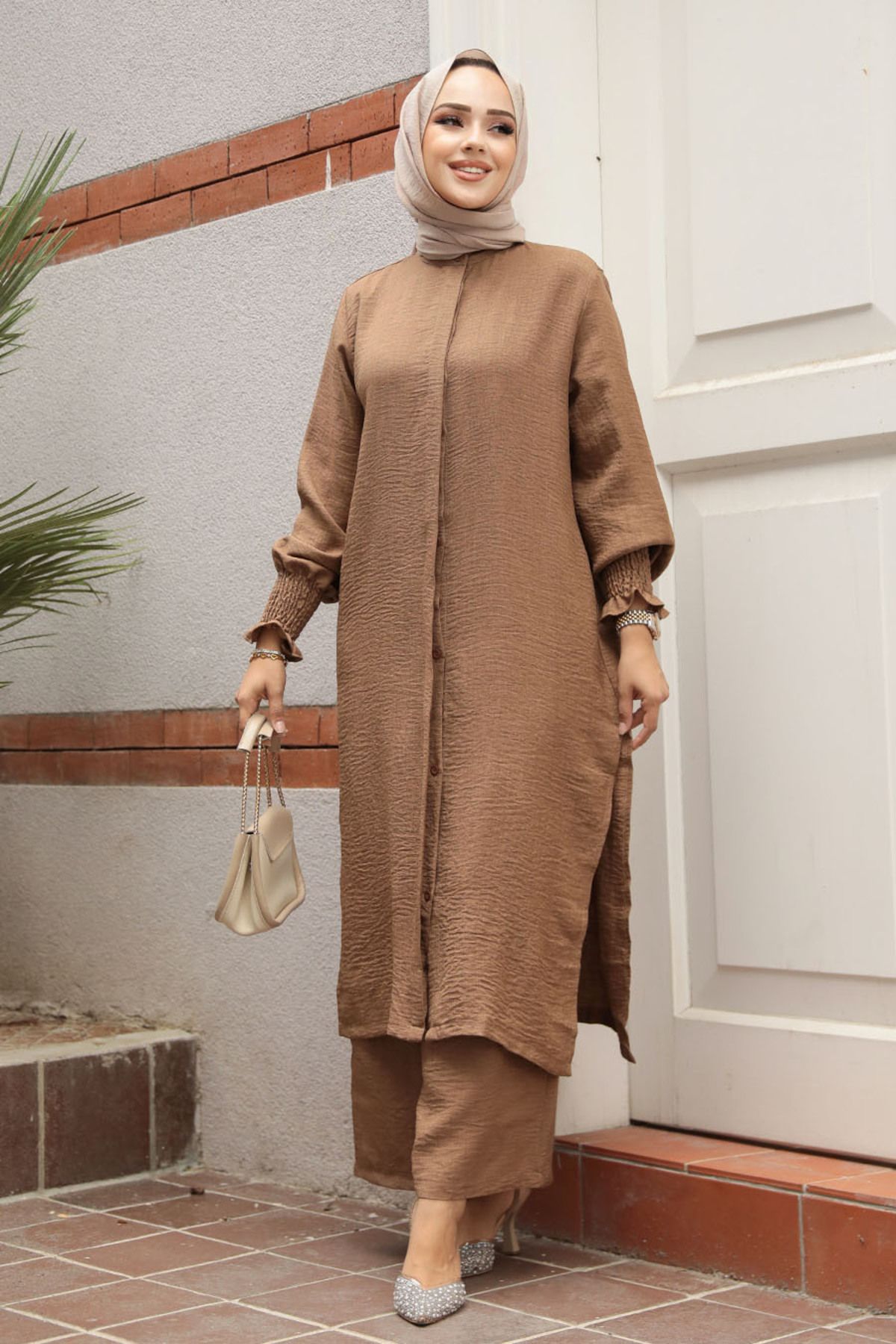 Neva Style-Tan and Hijab Double Button Set - 12591Tb 3