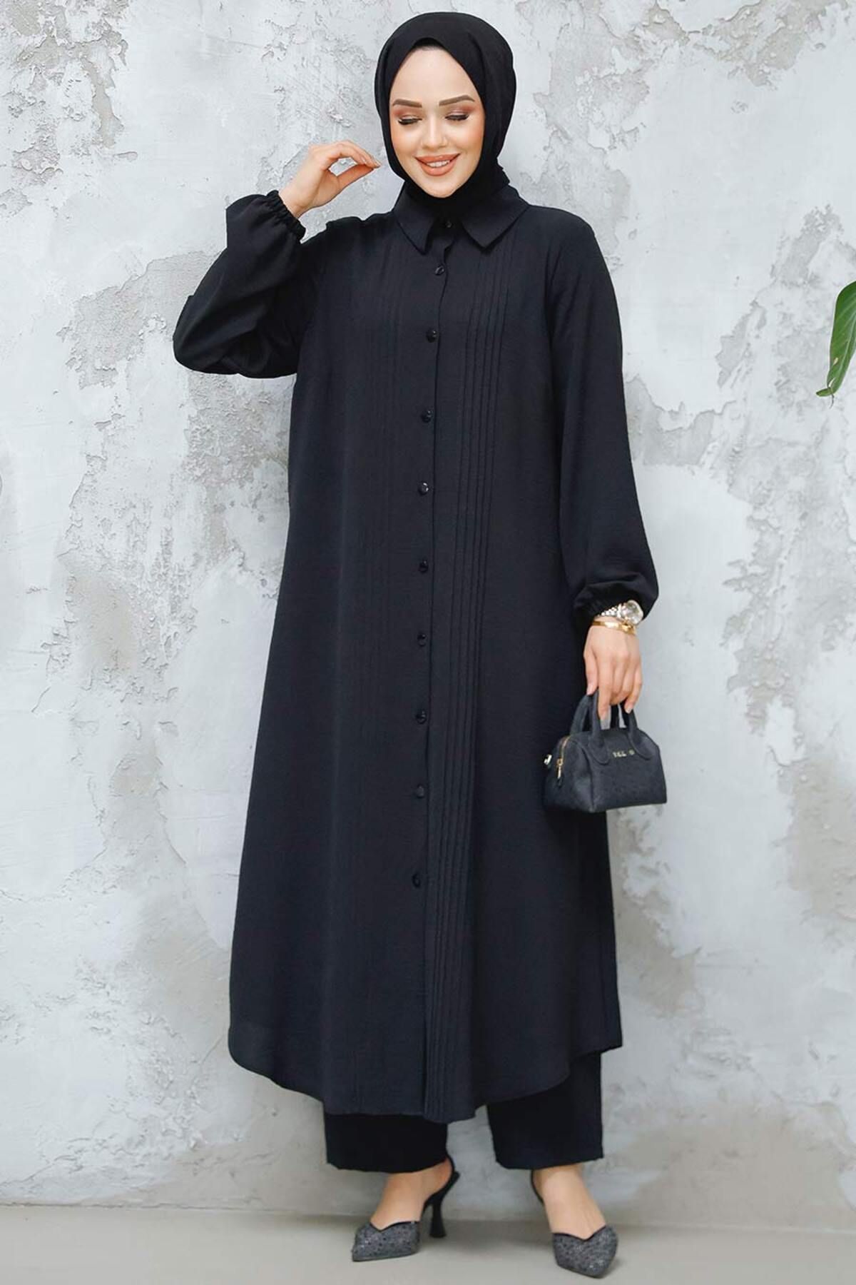 Neva Style-Black Hijab Double Set - with Buttons 10891S 3