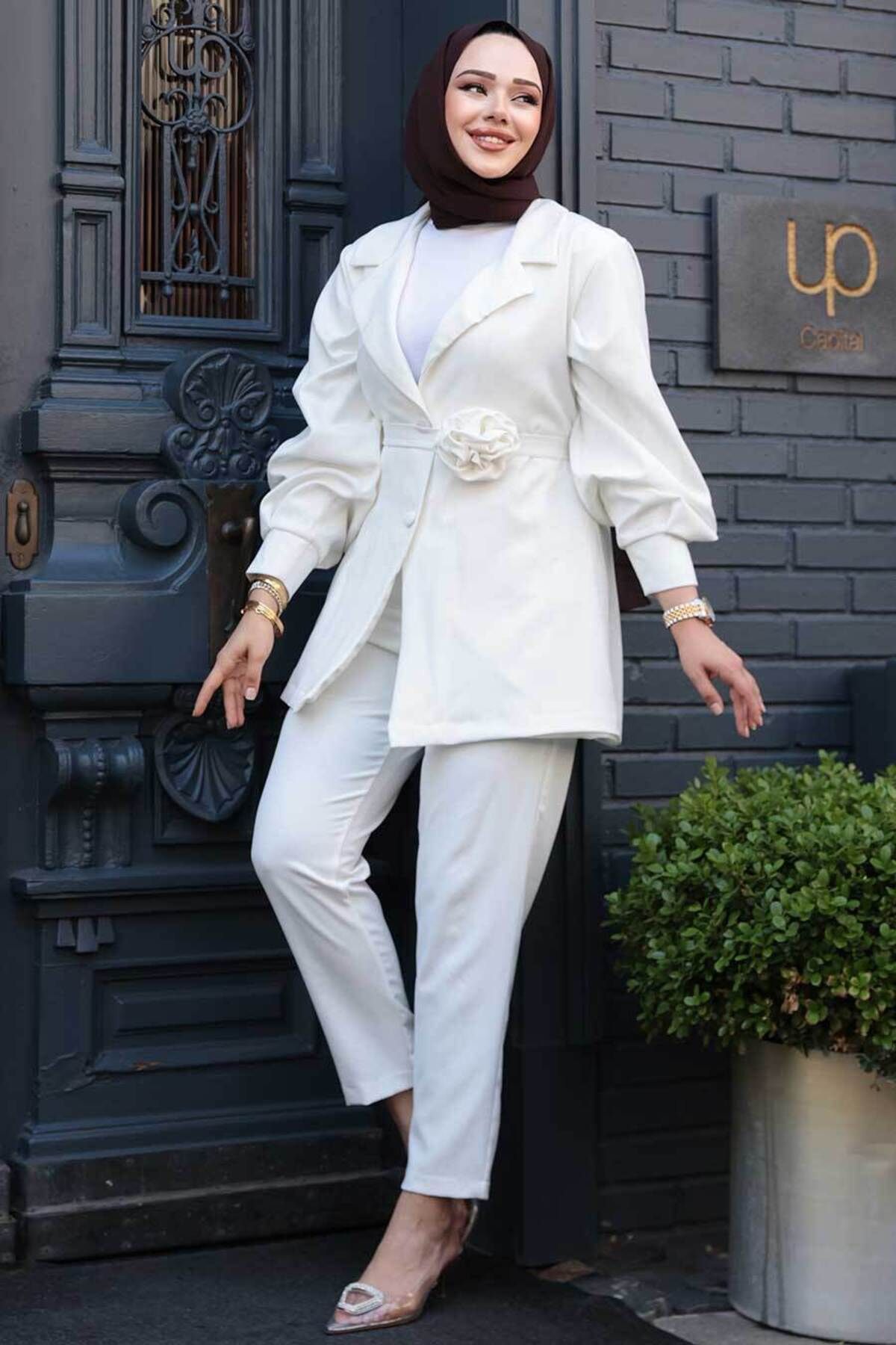 N.S NEVA STYLE-Jacket Ecru Hijab Double Set 61851E 3