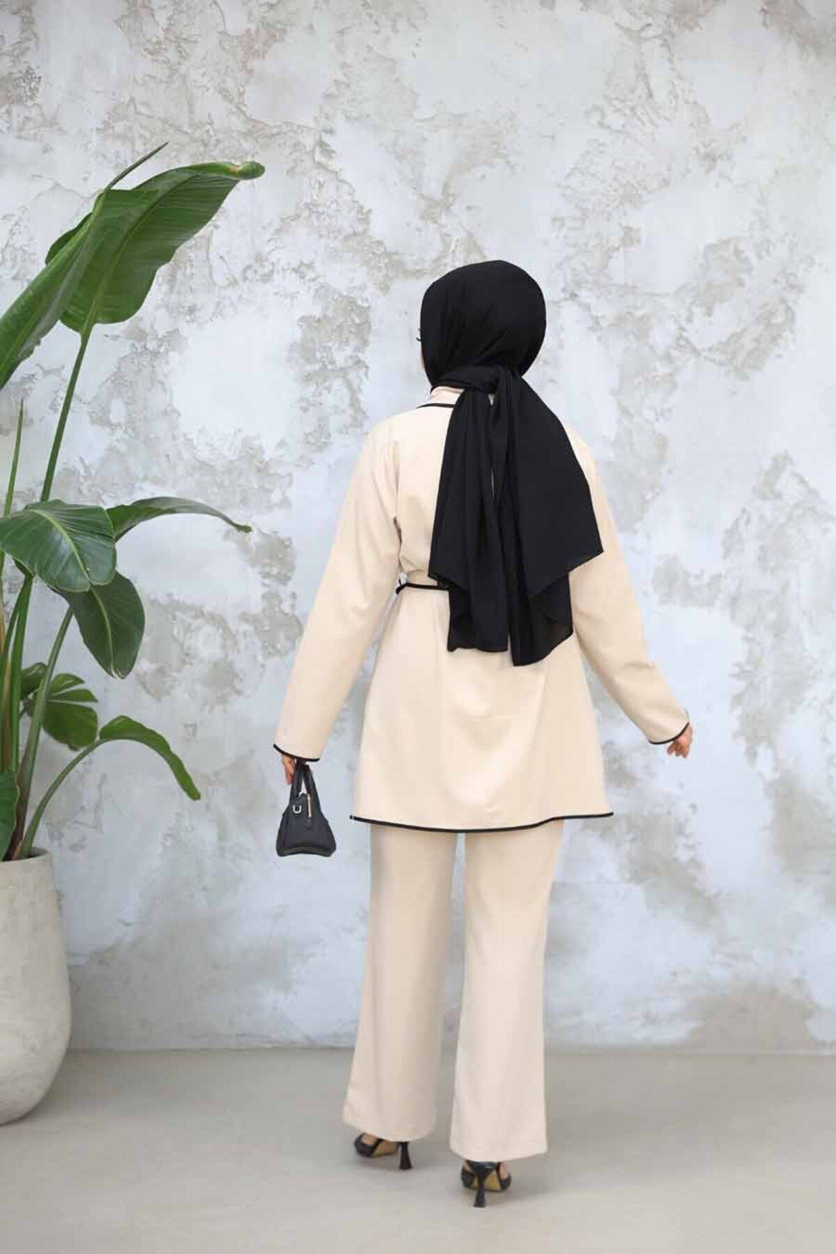 Neva Style-Jachetă Bej Hijab Costum Dublu 40051BEJ 4
