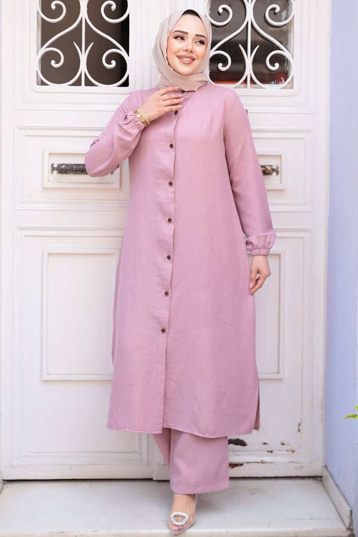N.S NEVA STYLE-Dusty Rose Hijab Double Set with Buttons 19017Gk 3