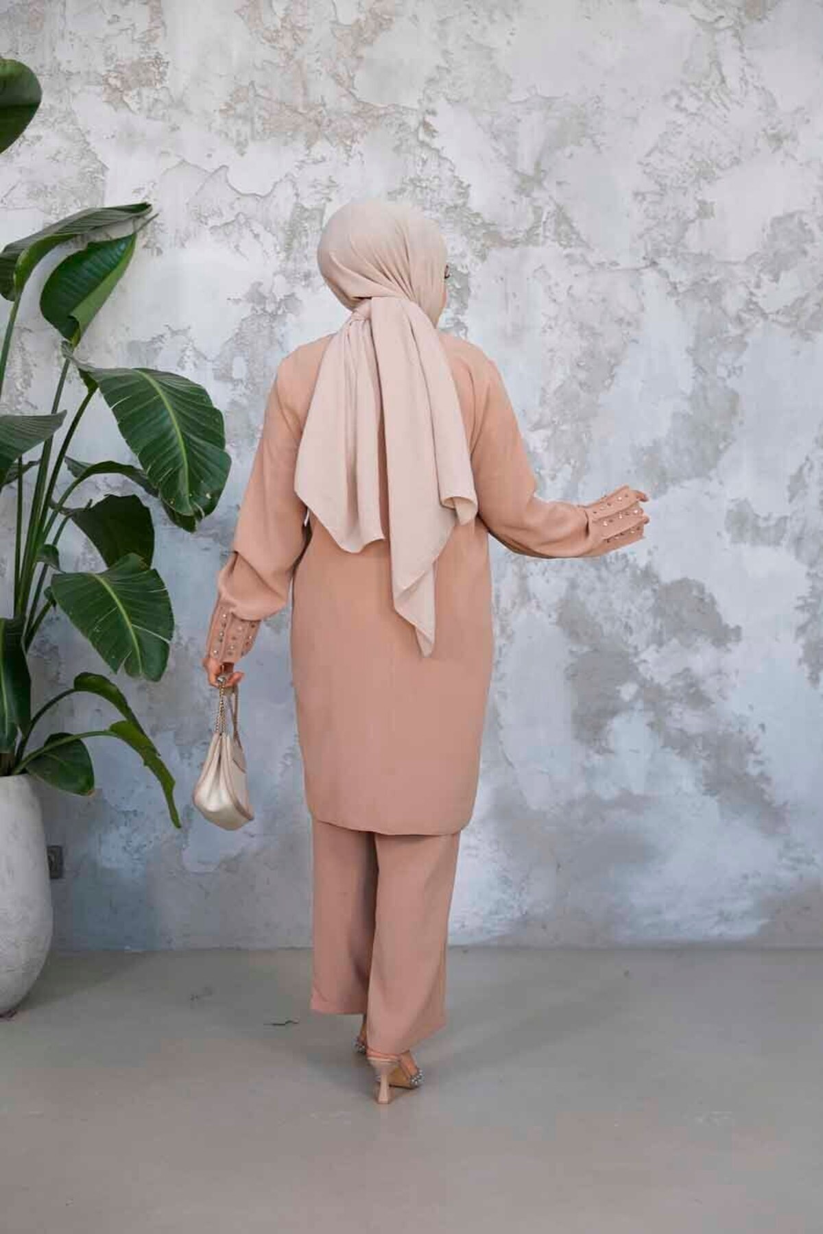 Neva Style-Costum dublu hijab cu broderie de perle 65883C 4