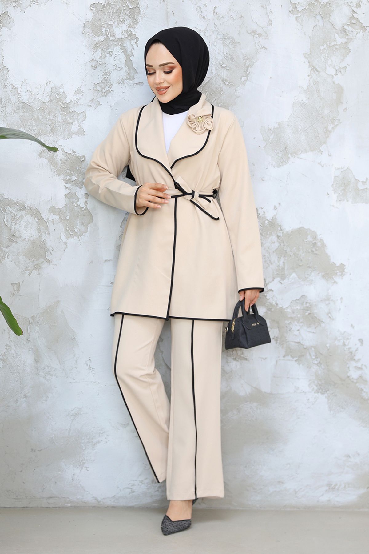 Neva Style-Jachetă Bej Hijab Costum Dublu 40051BEJ 1