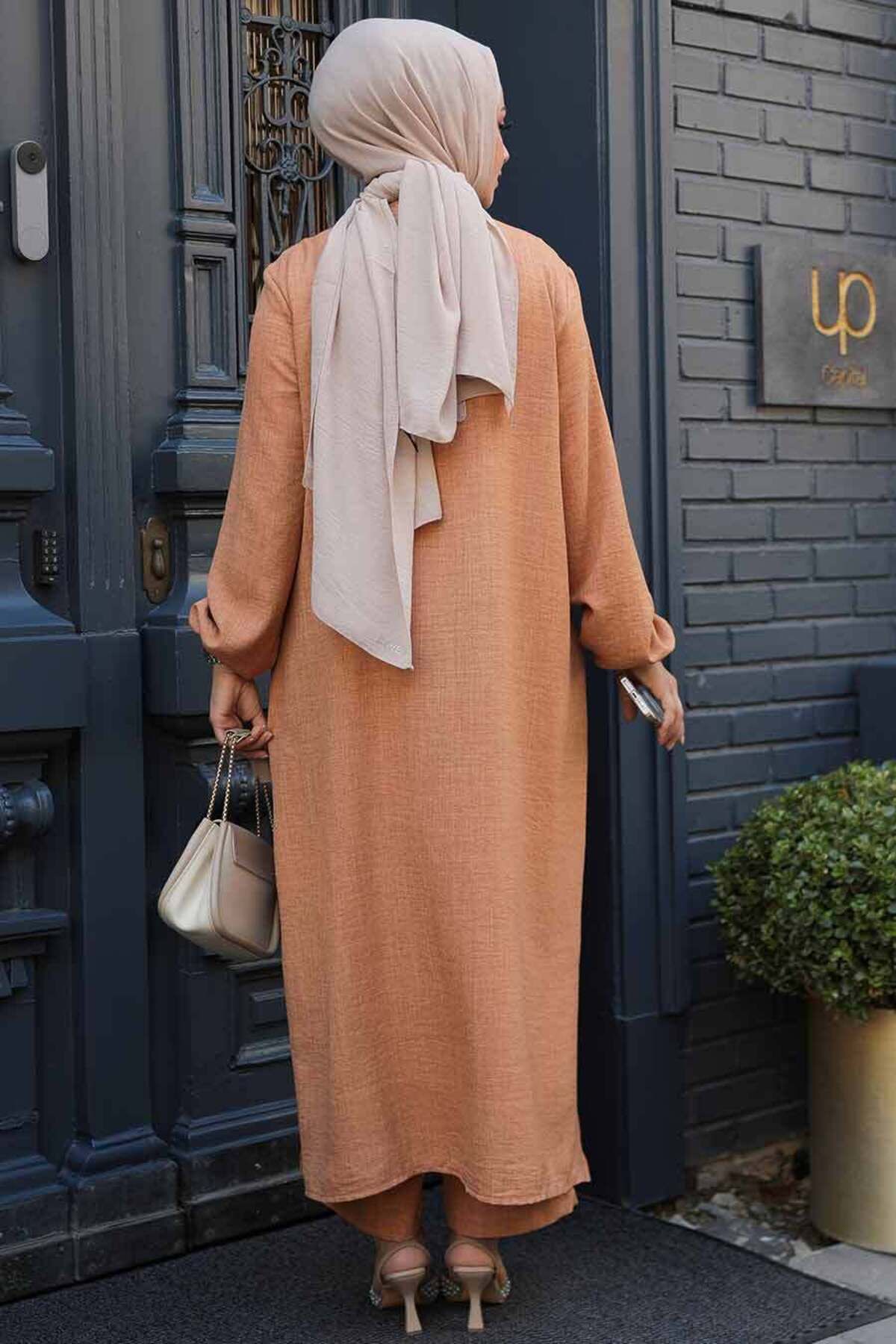 N.S NEVA STYLE-Buttoned Biscuit Hijab Double Set 19017Bs 4