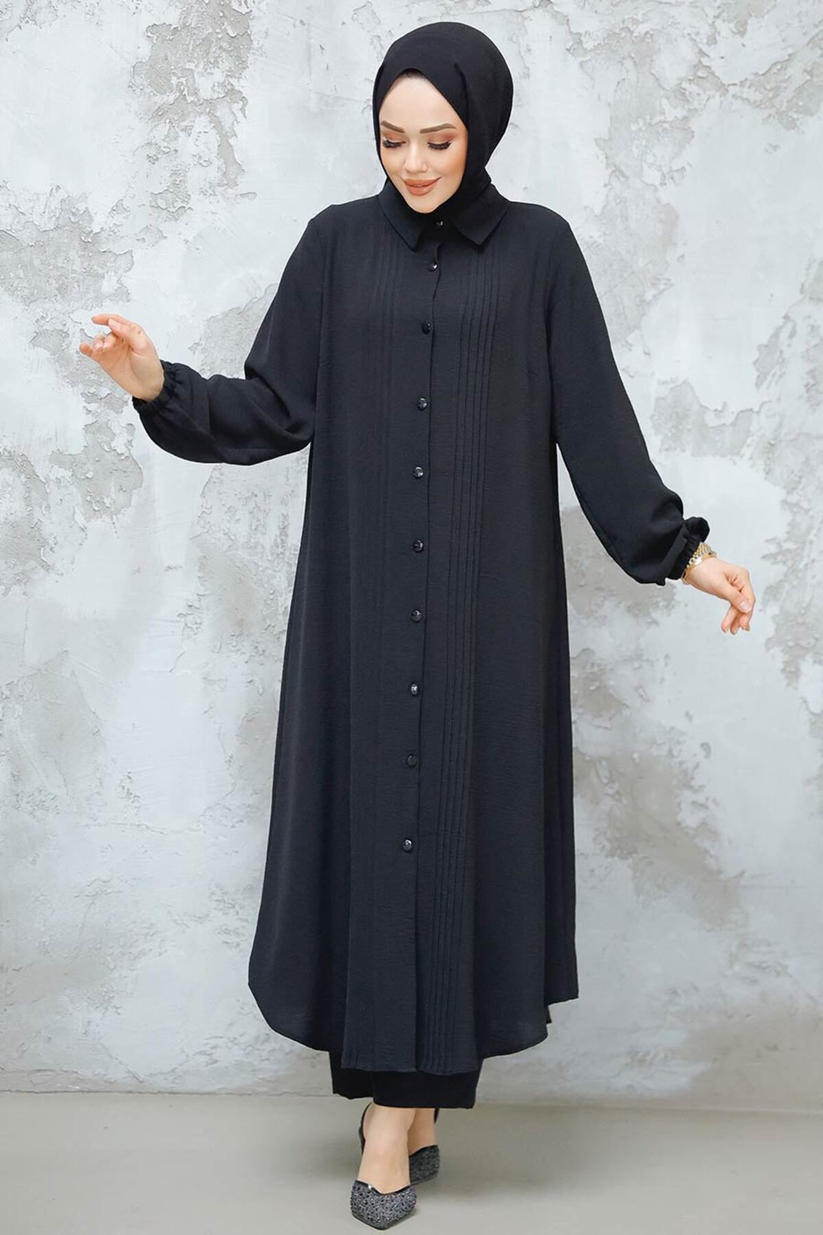Neva Style-Black Hijab Double Set - with Buttons 10891S 4
