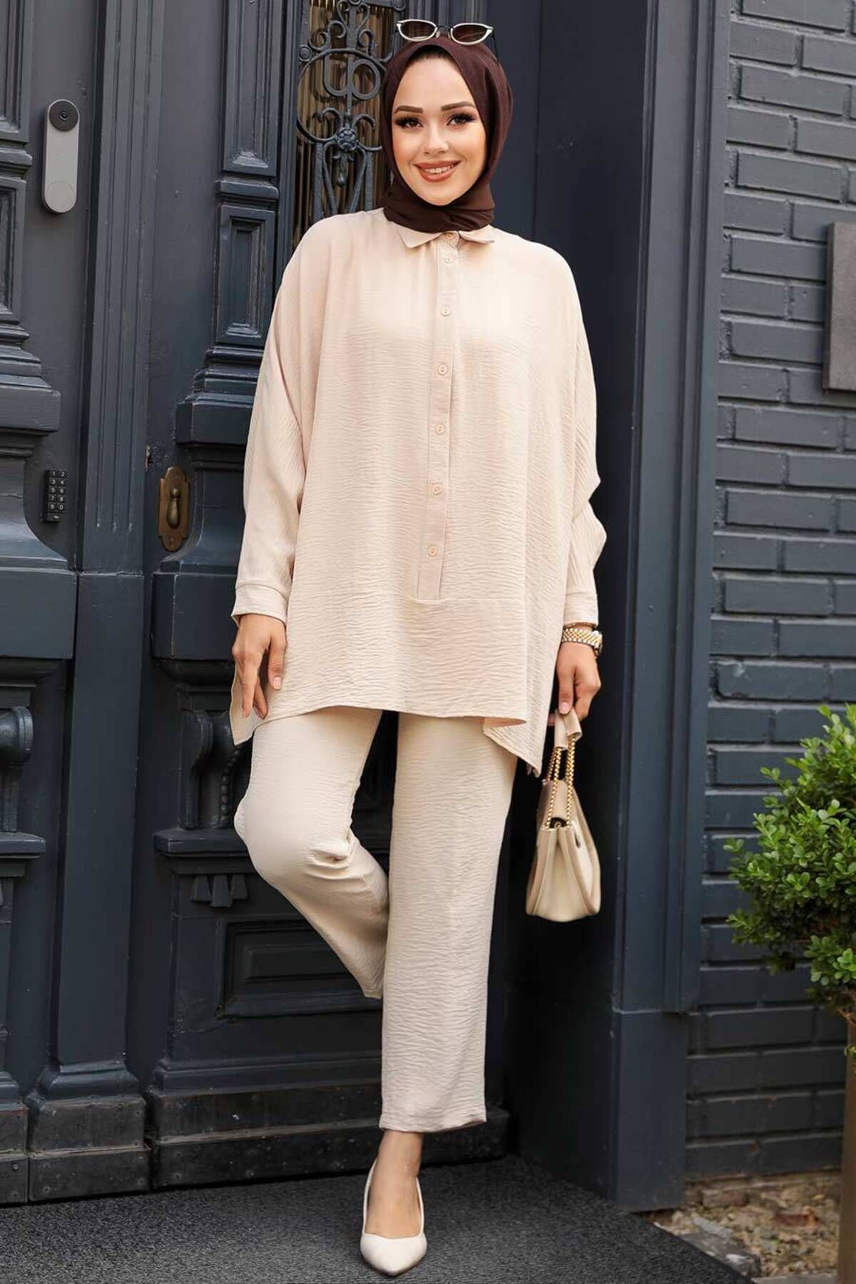 Neva Style-Beige Hijab Double Set - Buttoned, 67751BEIGE 3