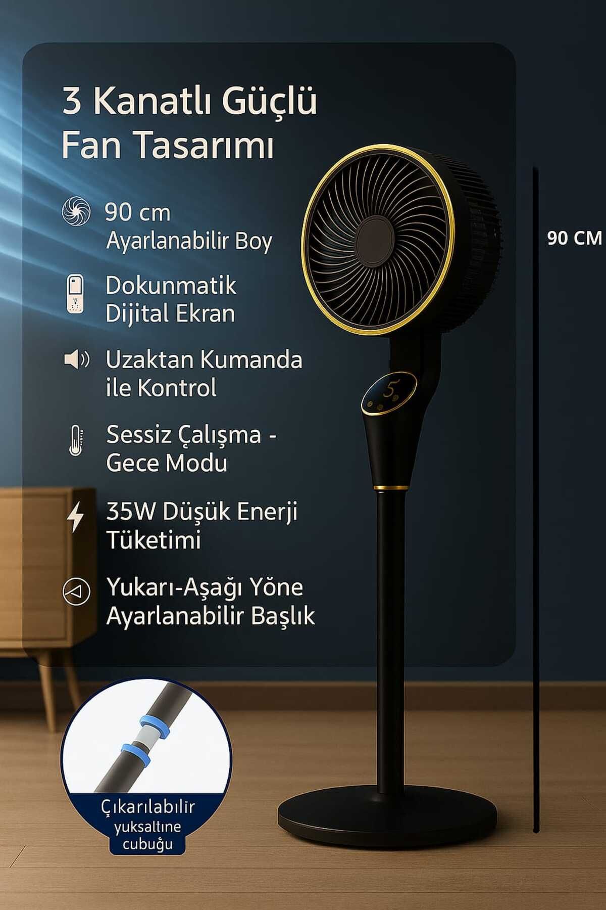 Merwish Akıllı Vantilatör Uzaktan Kumandalı Sessiz 90 cm | Dijital Ekranlı | Hız Ayarı Siyah