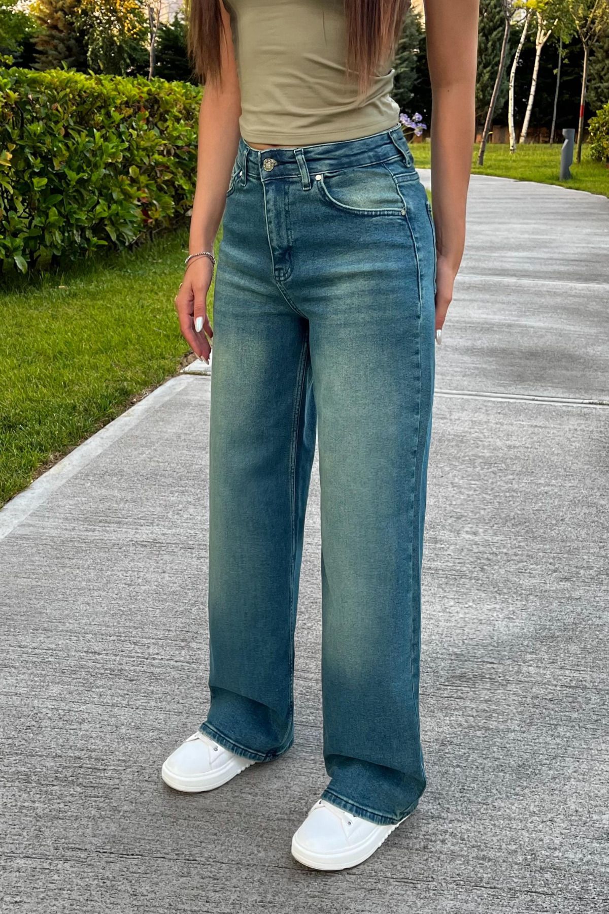 BİKELİFE Kadın Yüksek Bel Esnek Soluk Efektli Vintage Geniş Paça Wide Leg Rahat Jean