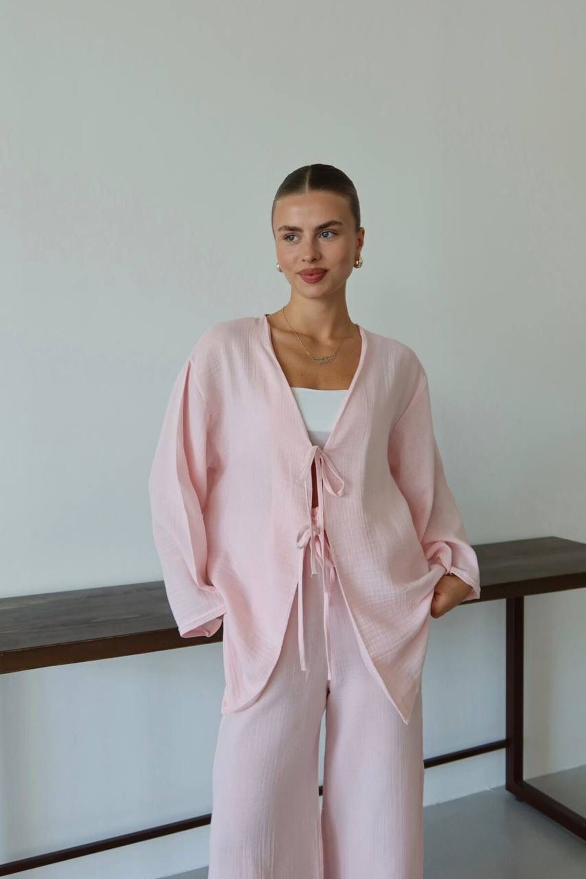 NATUFIAN STORE Kadın Pembe Keten Bağlamalı Basic Kimono