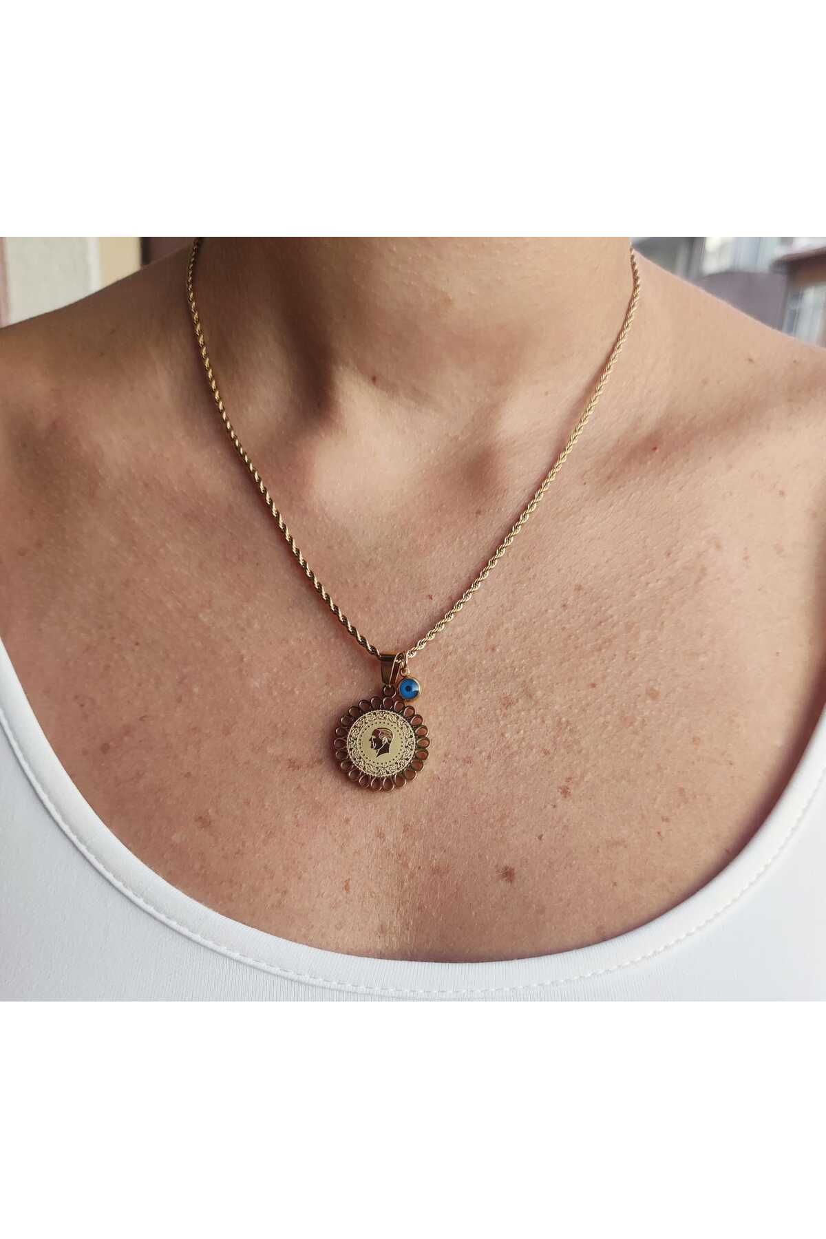 MoS JEWELLERY Paslanmaz Çelik Gold Renk Atatürk Figürlü Nazar Boncuğu Detaylı Kolye