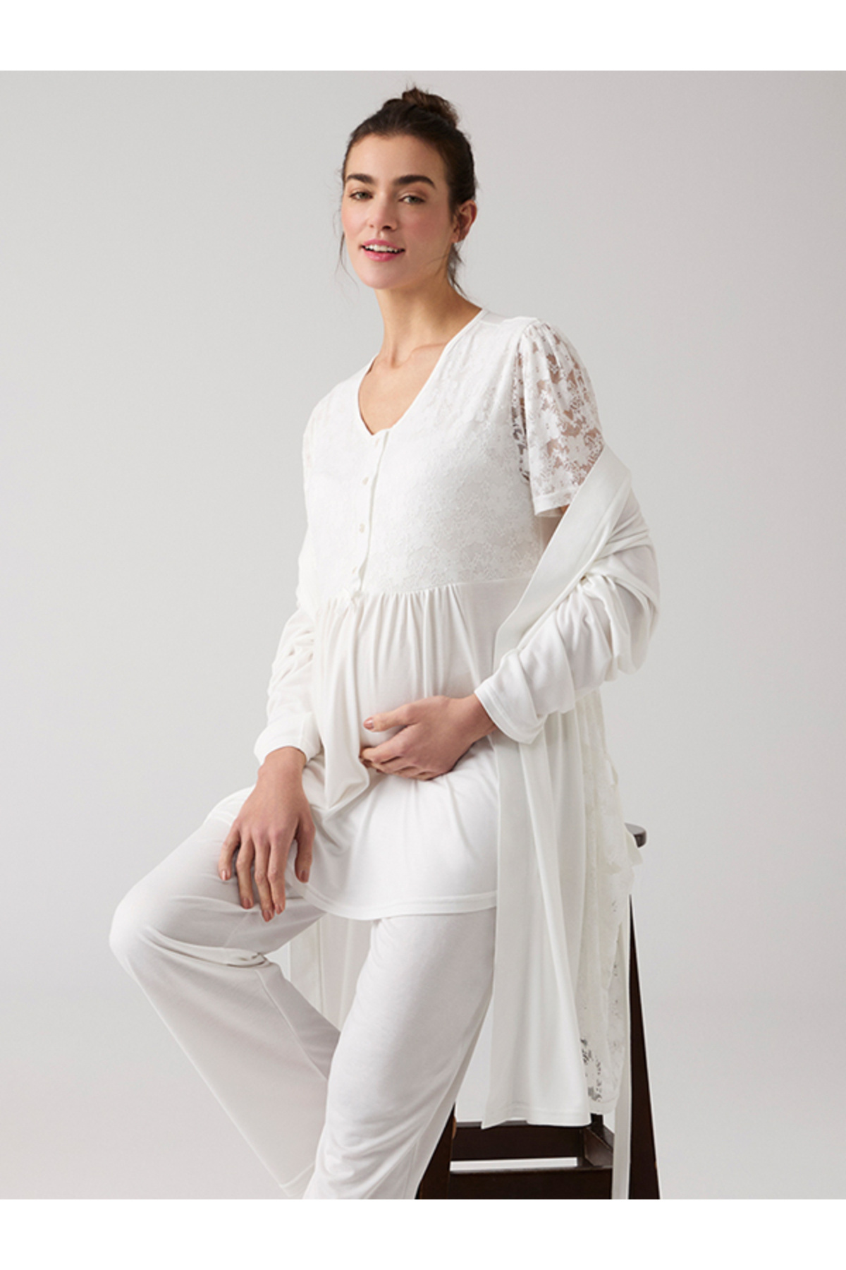 MERCİ MARYA Dantel Detaylı Hamile Lohusa 3'lü Pijama Takımı