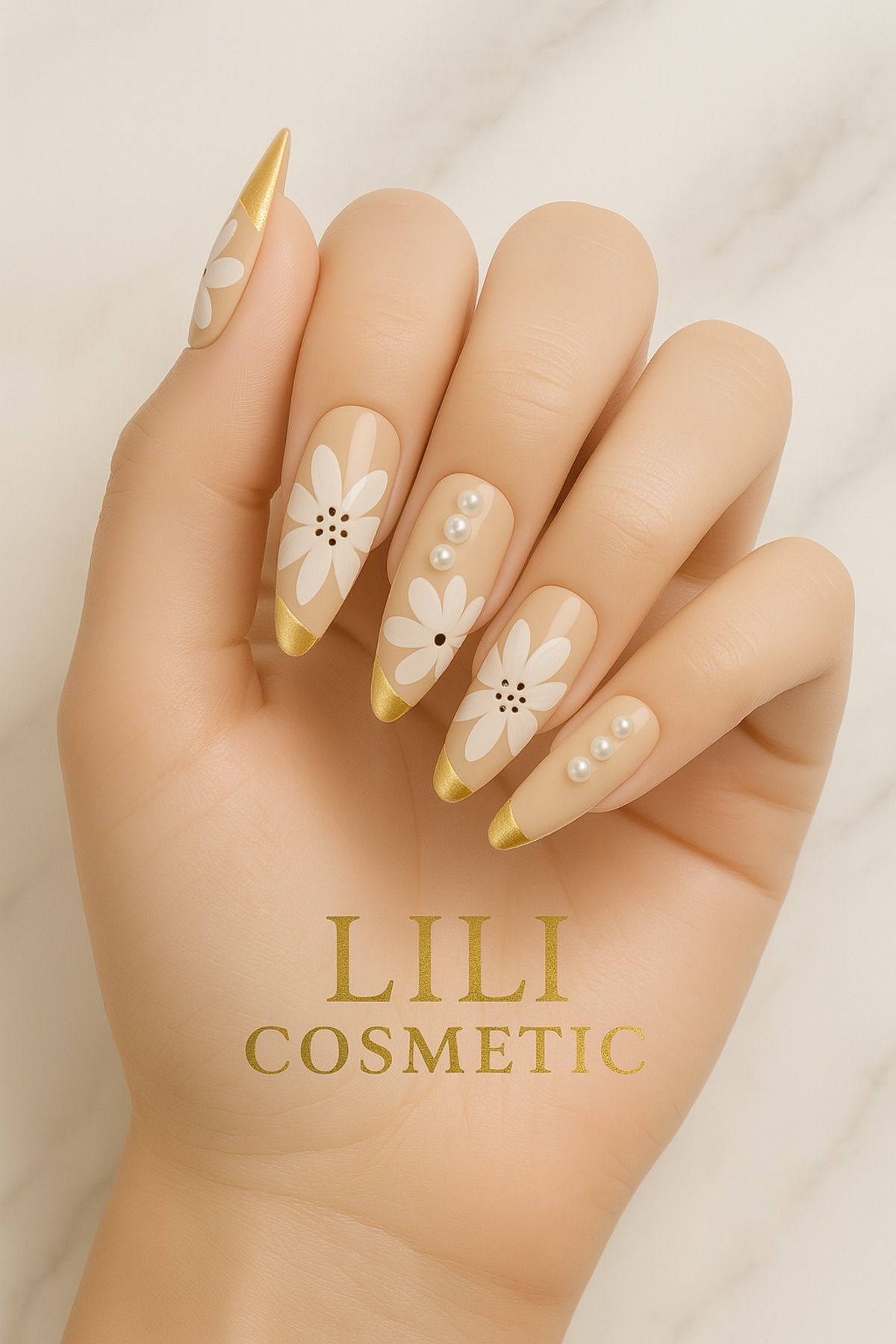 Lili Cosmetic Lüx Taşlı 5D Çiçek Desenli Altın Uçlu Takma Tırnak Kendinden Yapışkanlı 12li