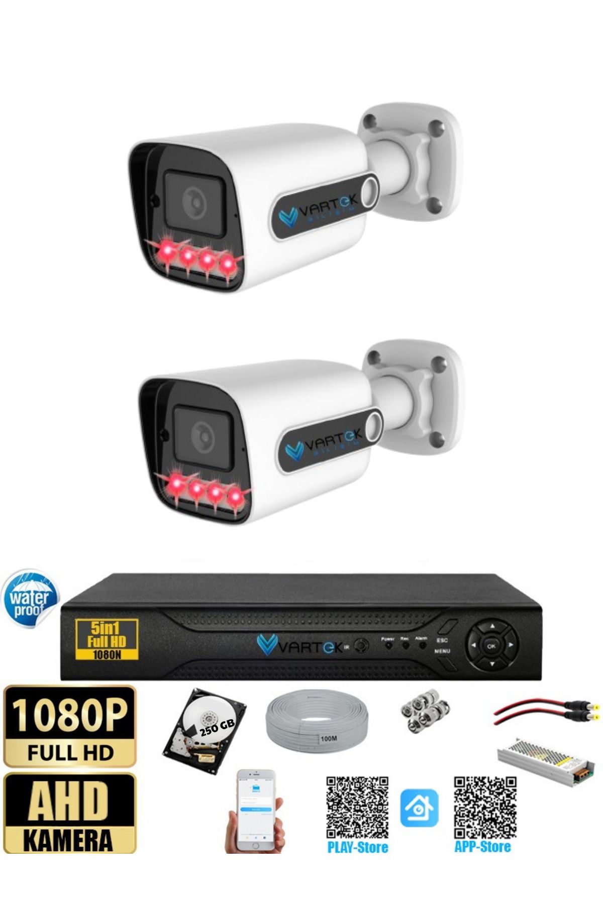 VARTEK BİLİŞİM 2 Kameralı-Gece Görüşlü 5MP Lensli 1080P FULLHD Kamera Seti