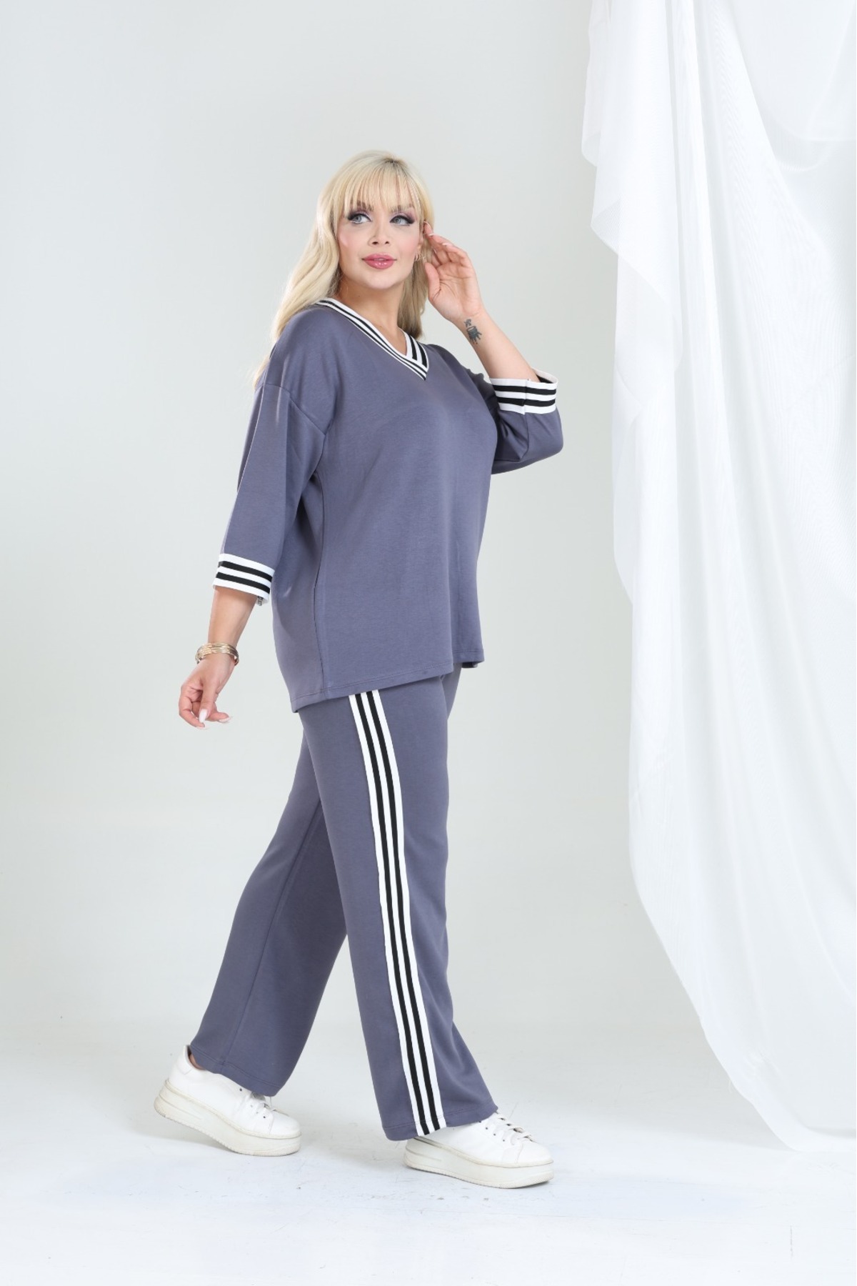 şuranur Şeritli Takım Oşho Modal Kumaş Şeritli Yumuşak Dokulu M-6xl görsel 3
