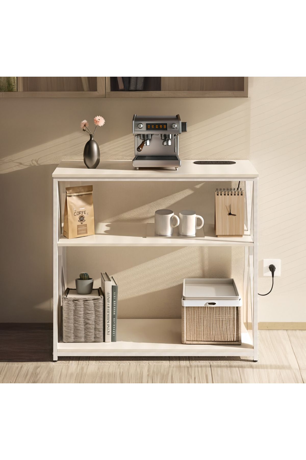AGD-Adjustable 3-Tier Console Table with Charging Base and Storage Shelf, 100×35×90 cm, White 3