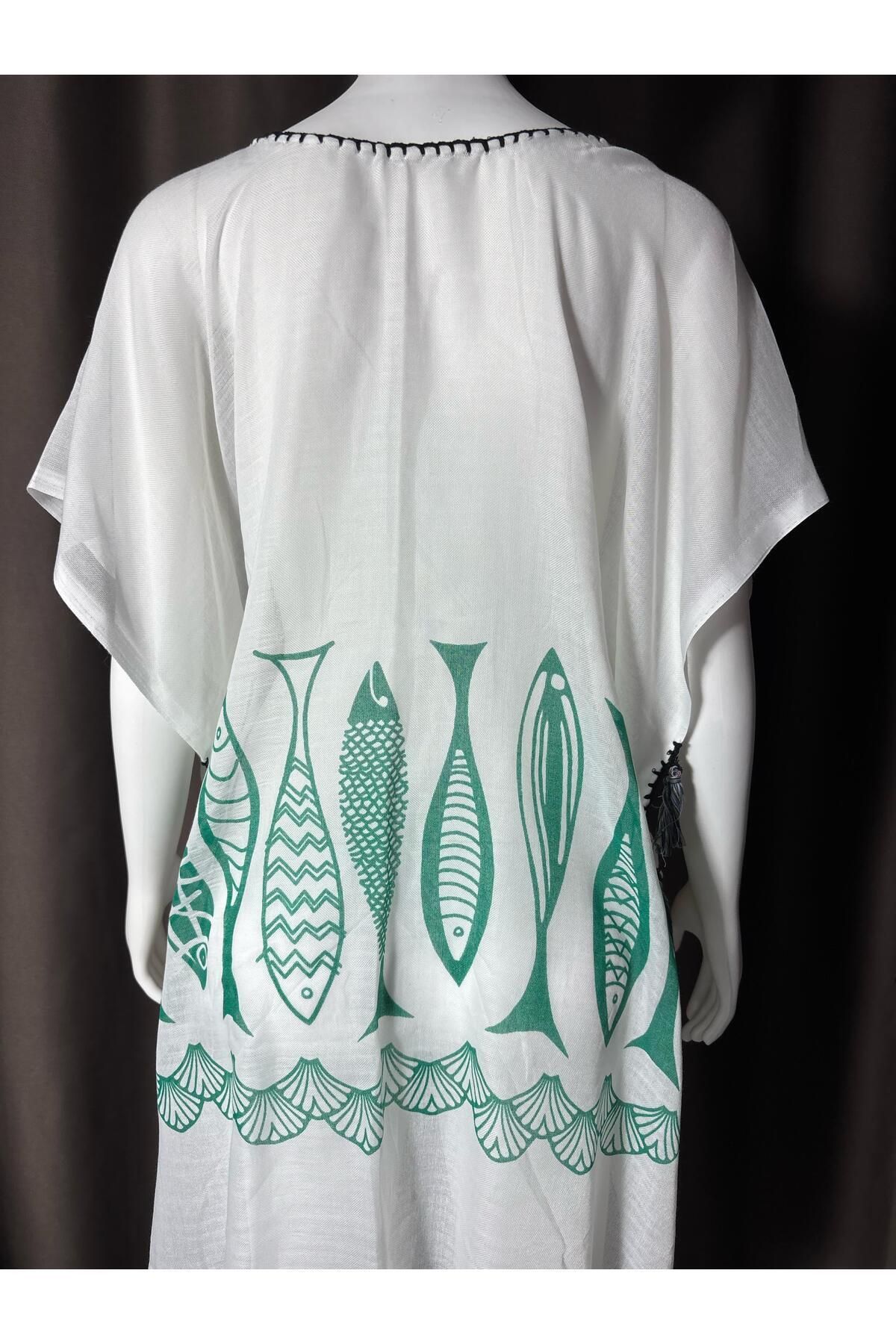 Sobe Hediyelik-Fish Patterned White Pareo – Beach Top Summer Dress, Light and Comfortable Tunic Model (Standard Size) 4