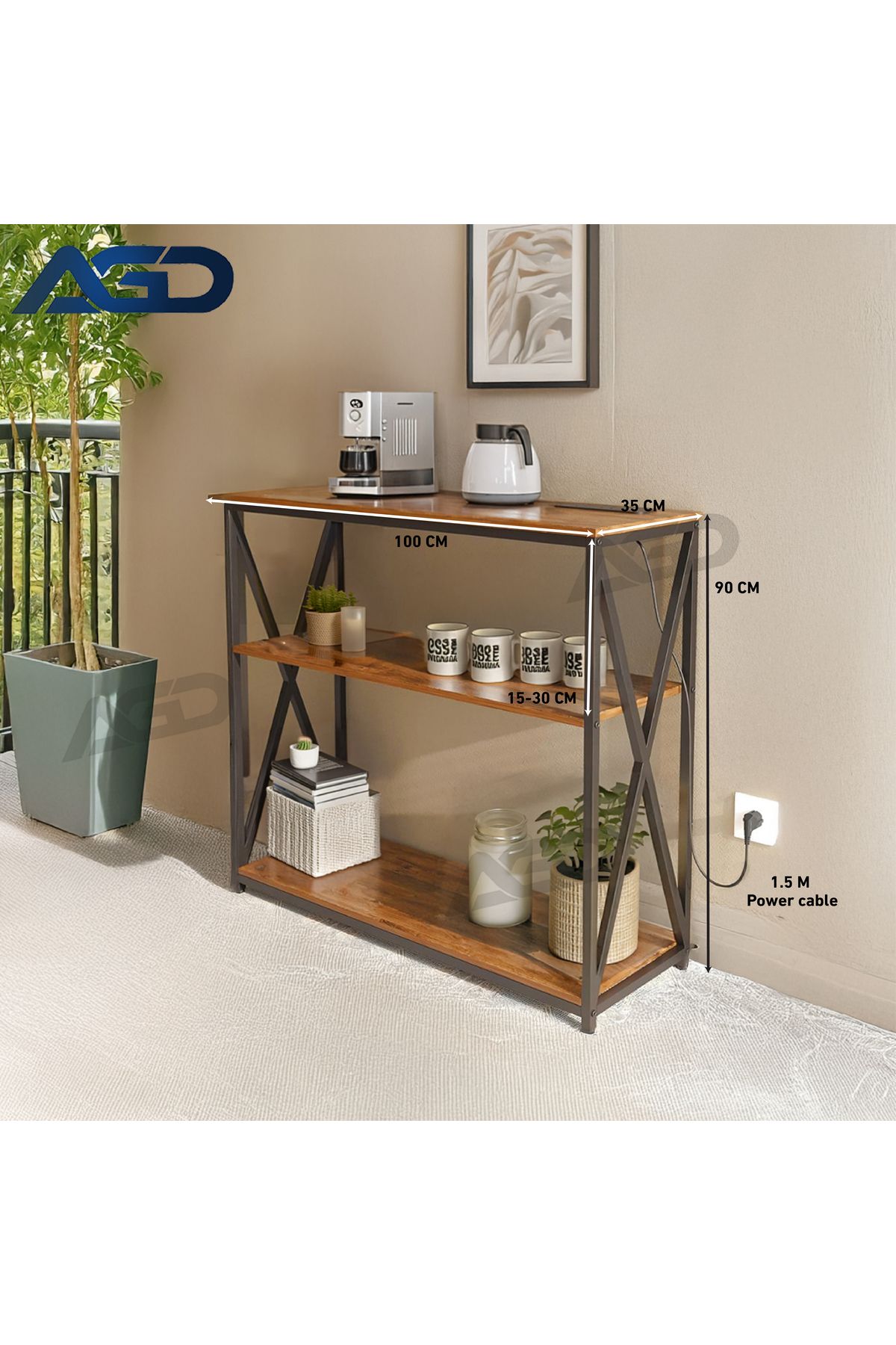 AGD-3-Tier Adjustable Console Table with Charging Base and Storage Shelf, 100x35x90cm, Brown 4