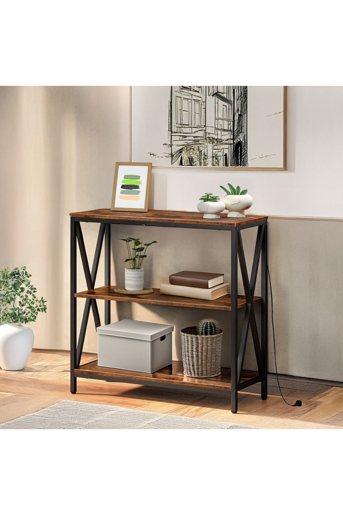 AGD-3-Tier Adjustable Console Table with Charging Base and Storage Shelf, 100x35x90cm, Brown 3