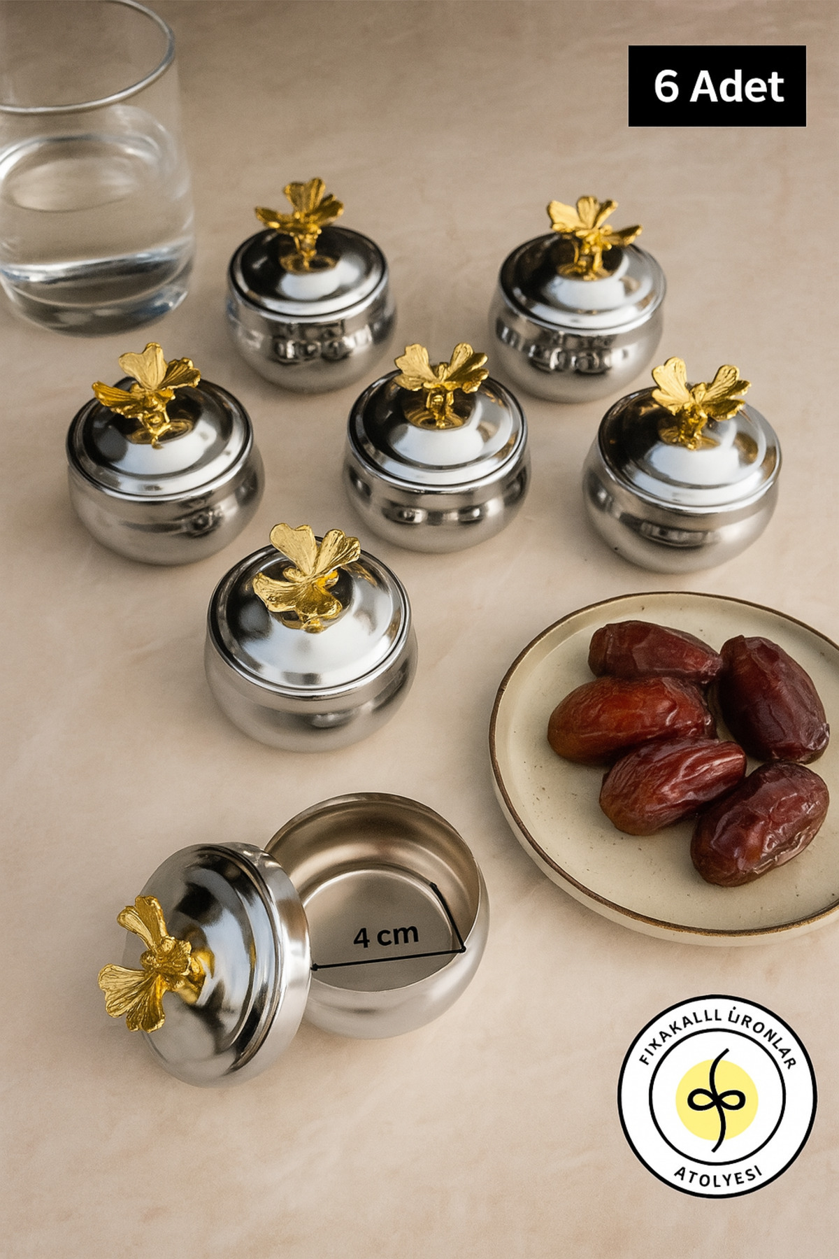 Fiyakalı Ürünler Atölyesi 6'lı Gümüş Kelebekli Tombik Lokumluk, Çay ve Kahve Yanı Sunumluk, Şekerlik, Drajelik