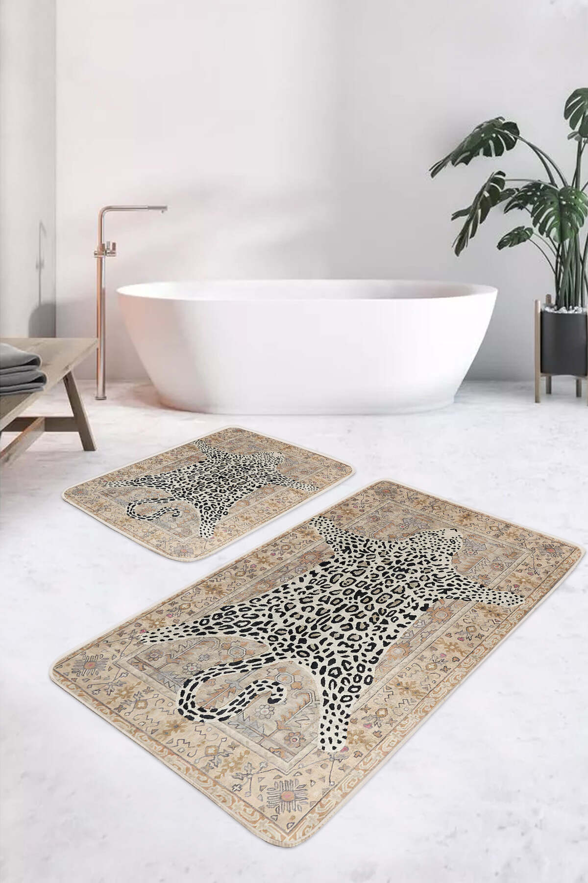 IdeCraft-Leopard Post Ethnic Patterned Beige Non-Slip Sole Washable 2-Piece Bath Mat Set 4