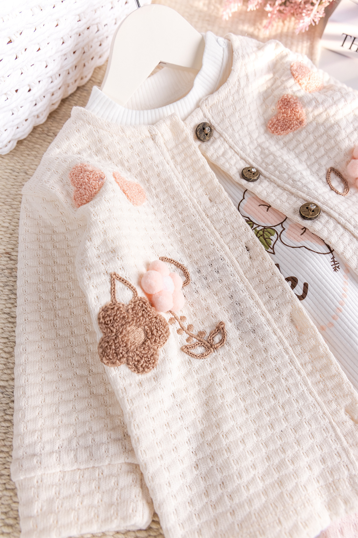 Babymod-Baby Girl Cardigan Flower Embroidered 100% Cotton 3 Piece Set 7