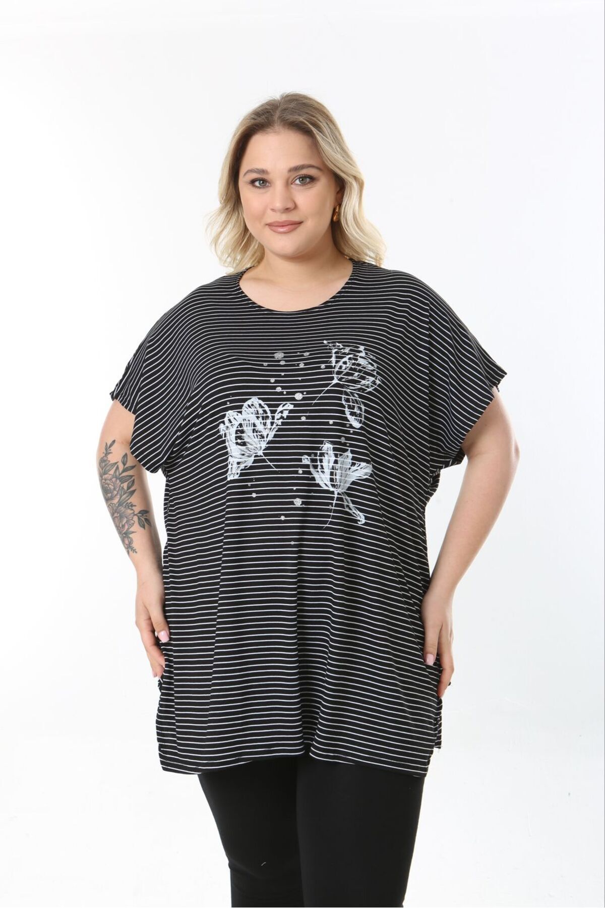 tıgersıze-Plus Size Oversize Model Soft Viscosa Fabric Striped Flower Patterned Bluz 6