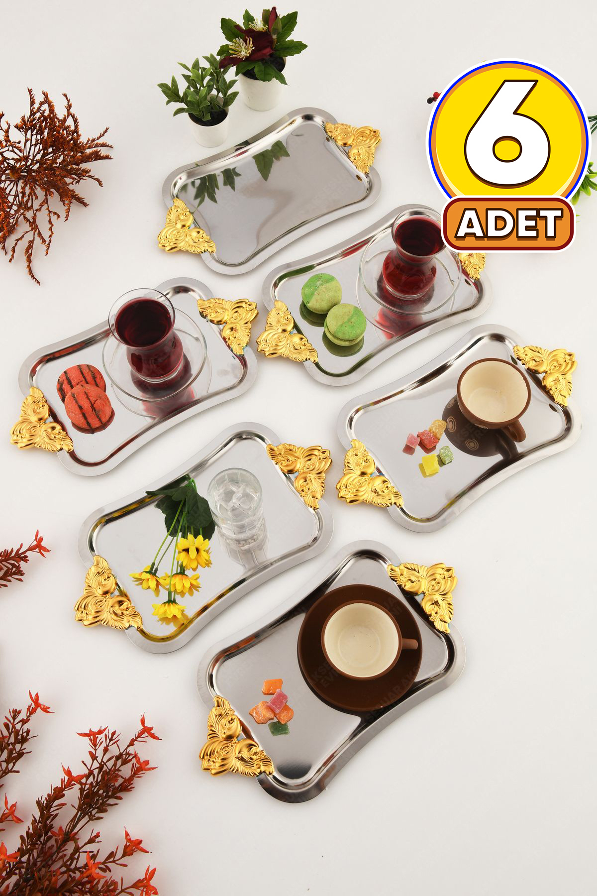 Filo Silver Gold Stainless 6-Piece Decorative Rectangular Presentation Tray with Handles
