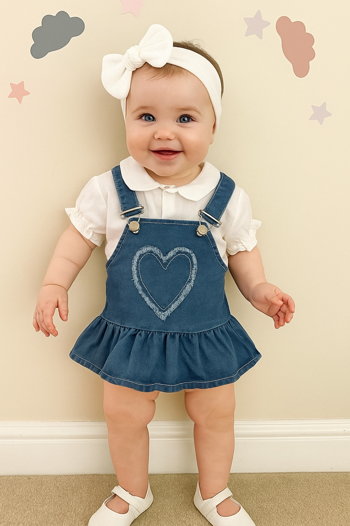 Balbadem baby kids Gömlekli kız bebek kalp desenli kot elbise 3-6/12-18 ay fotoğrafı 2 (önizleme)