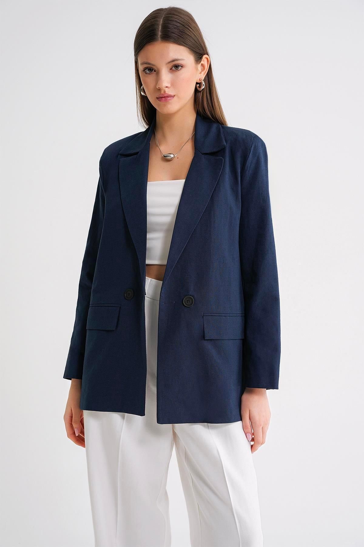 Mixray-4685 Jachetă de in pentru femei, albastru bleumarin 4