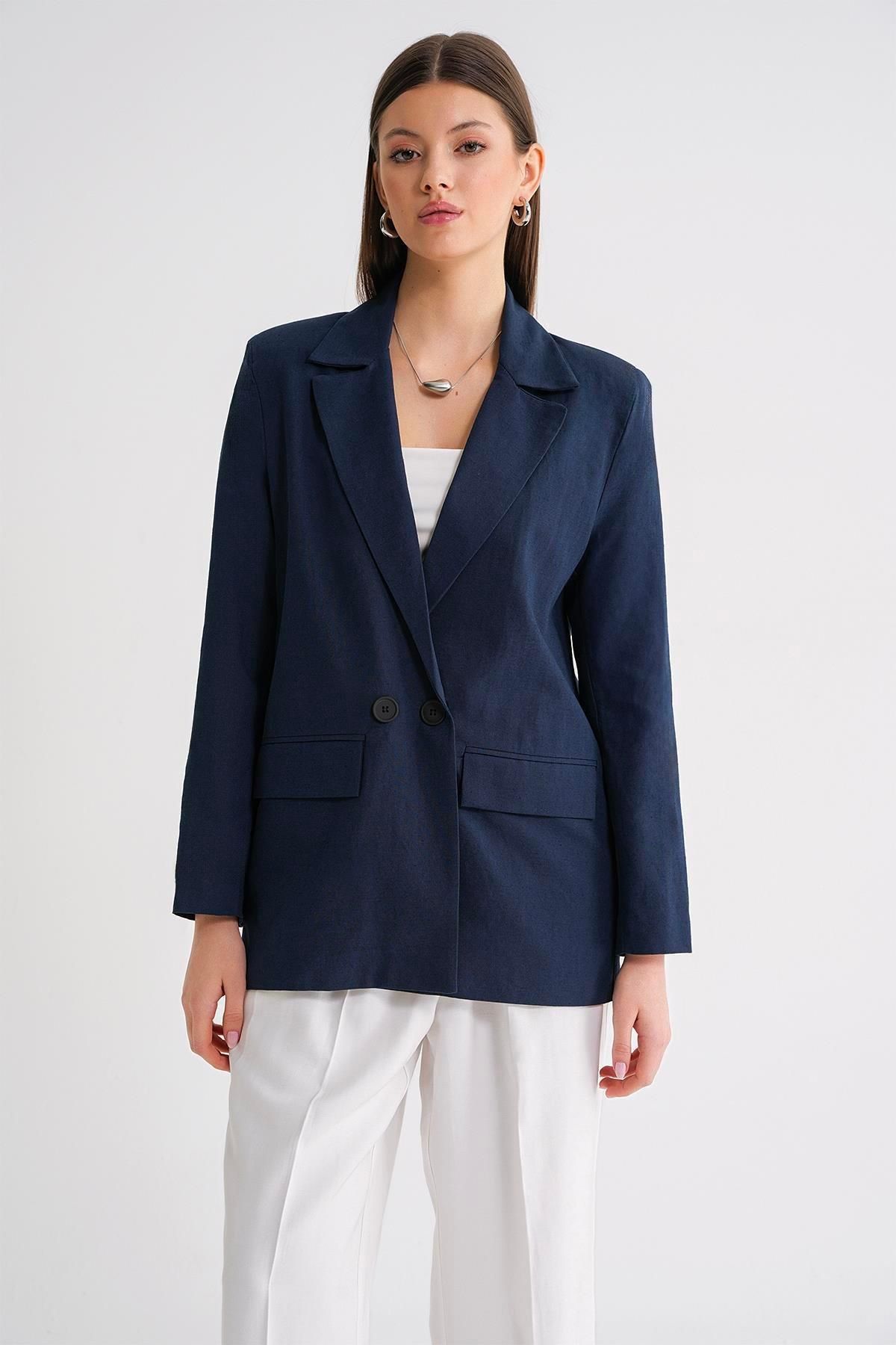 Mixray-4685 Jachetă de in pentru femei, albastru bleumarin 5