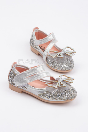 p papuccum ortopedi çocuk ayakkabıları Kız Çocuk Gümüş Taşlı Fiyonklu Kaydırm...