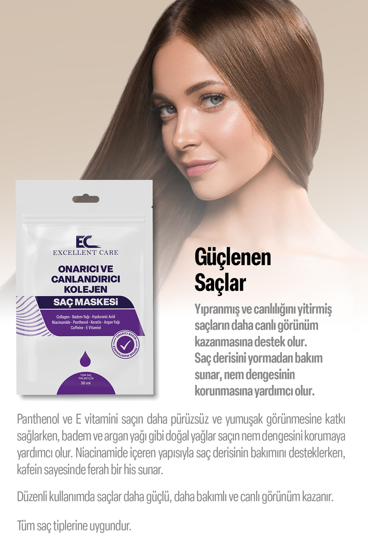 Onarıcı Ve Canlandırıcı Kolajen Saç Maskesi — 30 ml Kolajen Maske — تصویر 3 از 5