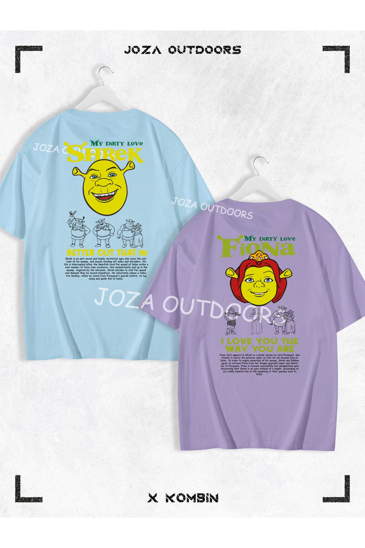 Joza Outdoors Kadın Erkek Shrek Fiona Yazılı SIRT Baskılı Sevgili Çift Kombini Oversize Tshirt 2'li Takım