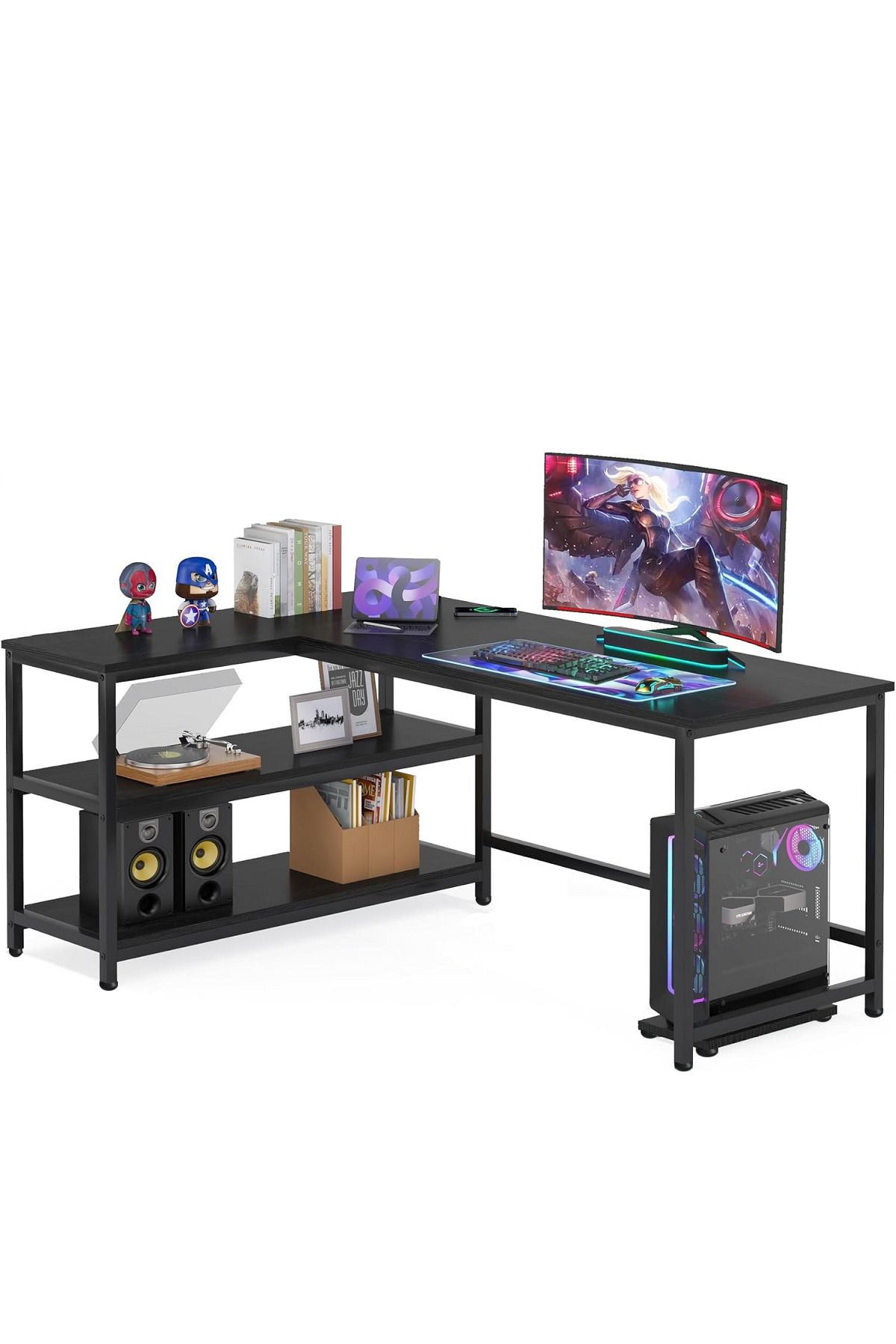 faween 89060 135cm L Masa Oyun Masası Çalışma Masası Kitaplıklı Masa Ofis Masası Yazı Masası Siyah