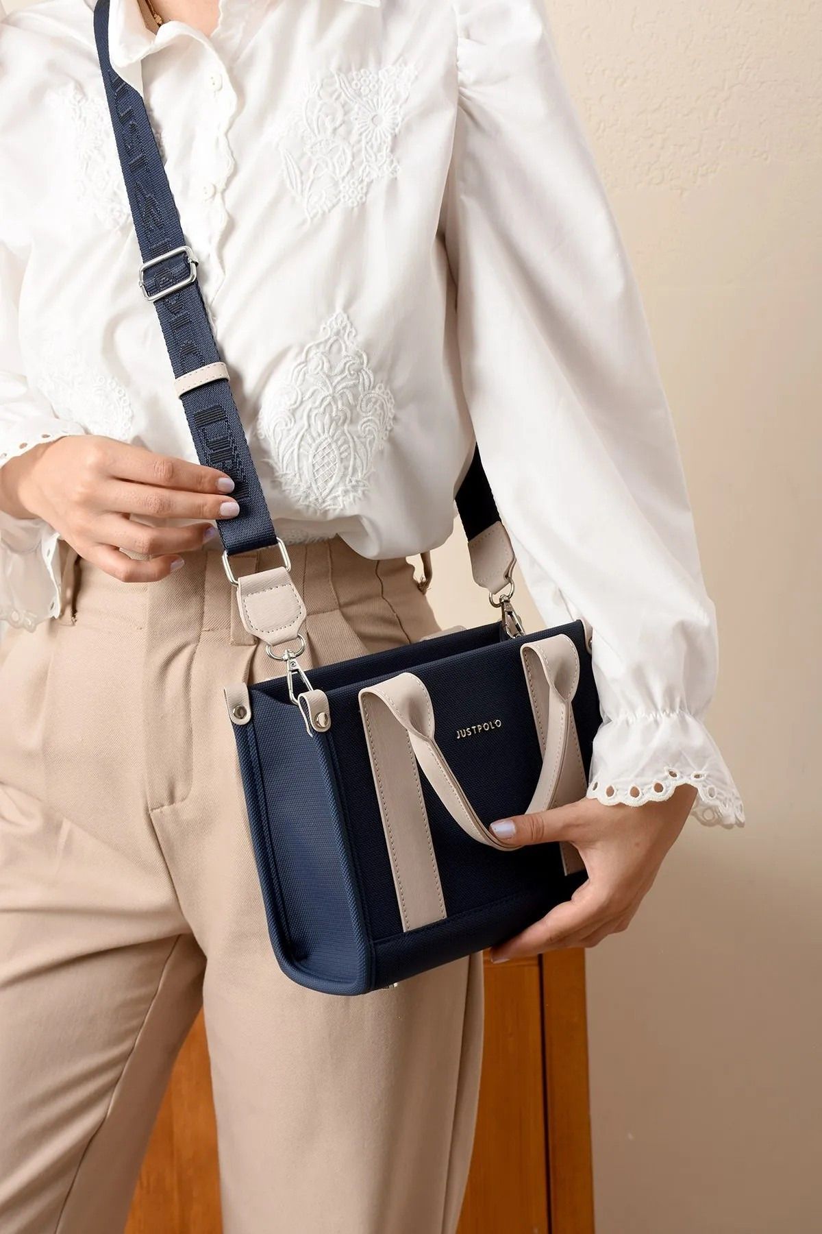 Just Polo Kadın Lacivert Taş Orta Boy Keten El Ve Omuz Çantası 236072MH