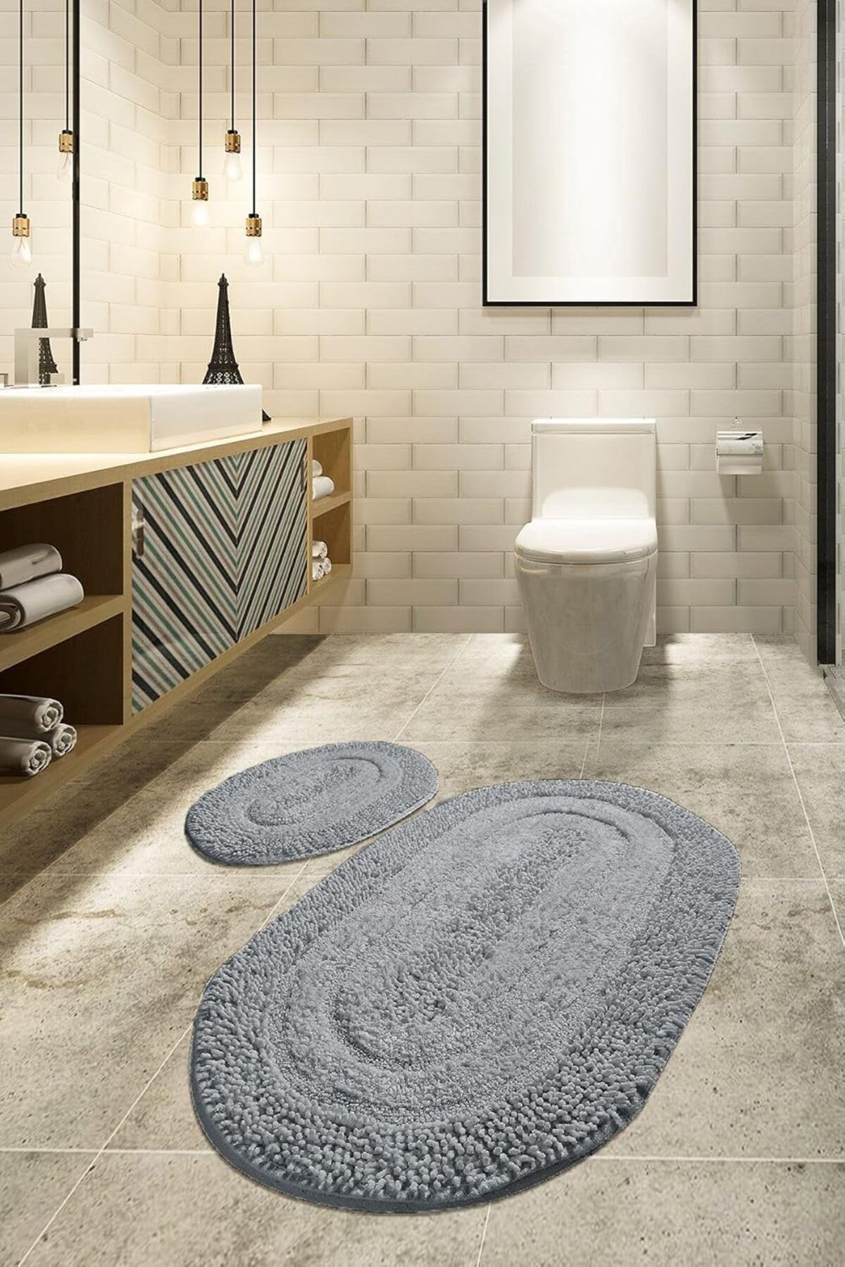 Mena Rise BlackShop Home Macoroni Gri 2li Set Cotton Banyo Halısı 1064272