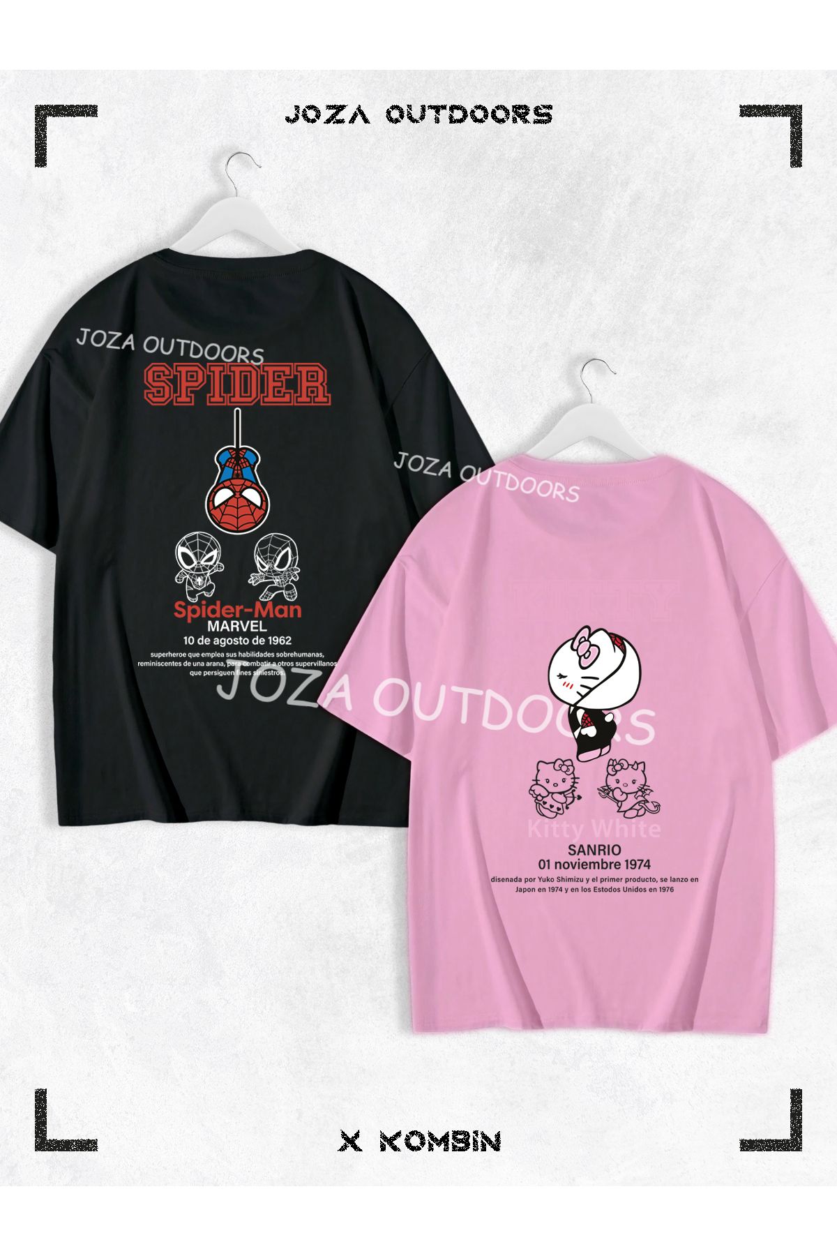 Jobia Outdoors Kadın Erkek Kitty Spider Yazılı SIRT Baskılı Sevgili Çift Kombini Oversize Tshirt 2'li Takım