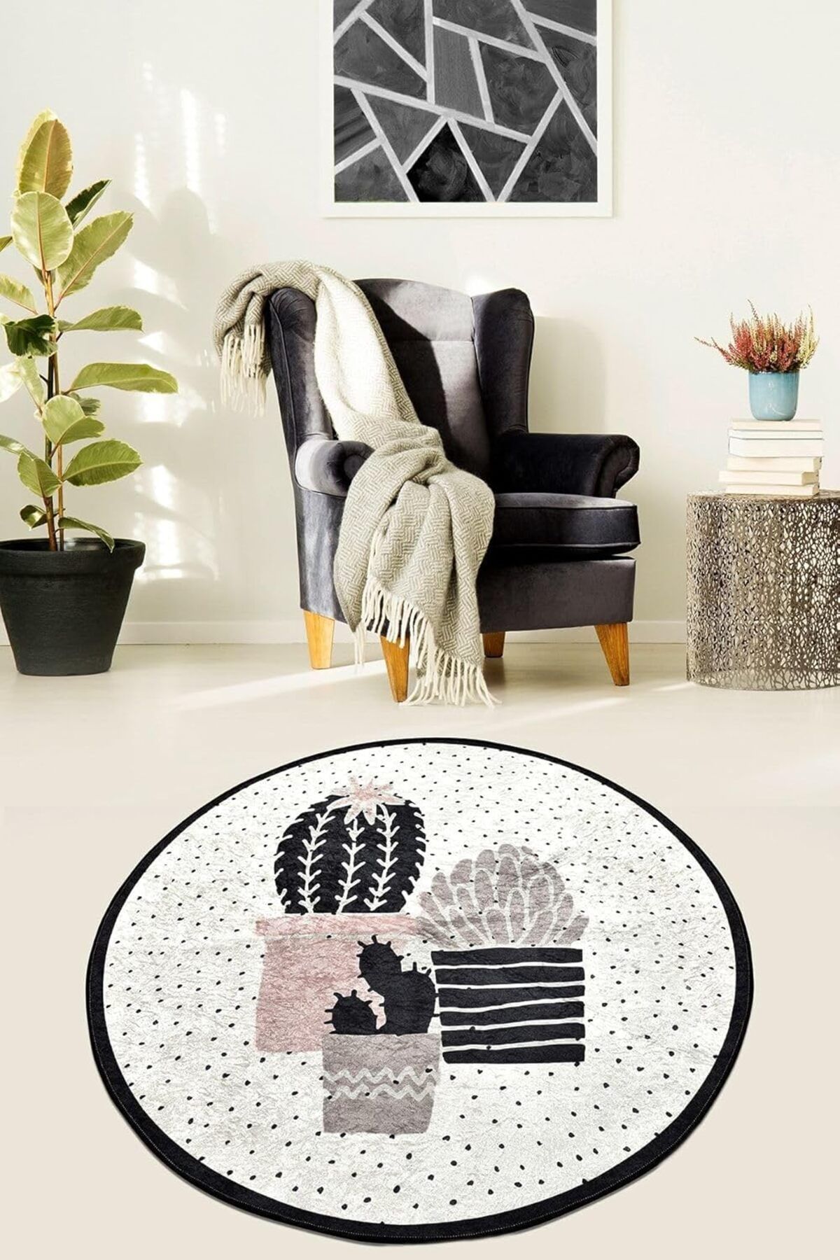 Mena Rise BlackShop Home Three Cactus Djt Kaymaz Taban Dekoratif Halı, 120 x 120 1064272