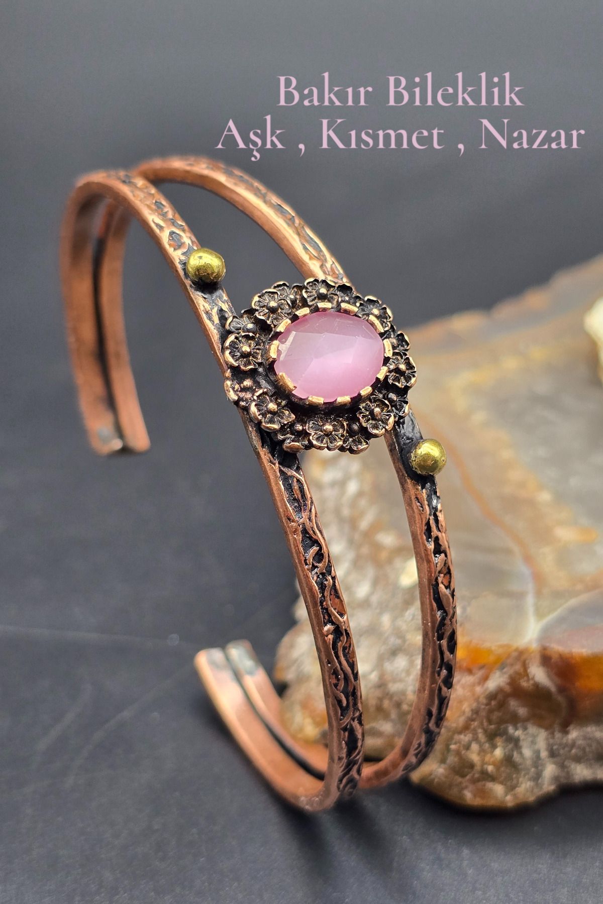 NBS Beautiful Naturel Stones Bakır Bileklik Saf Pembe Nazar Özel Tasarım Ayarlanabilir Çok Kaliteli ( Hediyelik , Günlük , Özel )