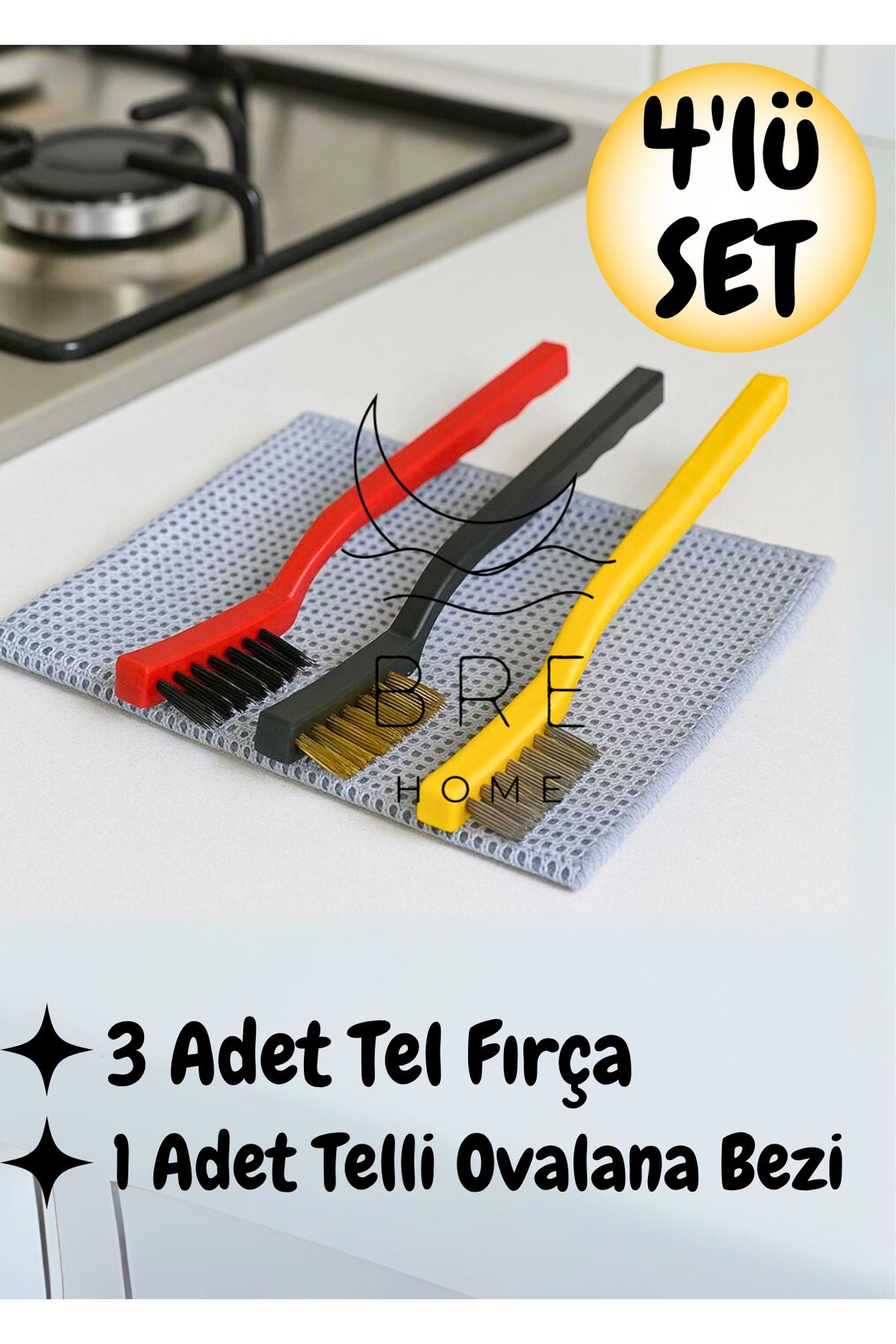 BRE HOME 3'lü Tel Fırça + 1 Adet İnox Telli Çift Taraflı Bulaşık Ovalama Bezi Temizlik Seti