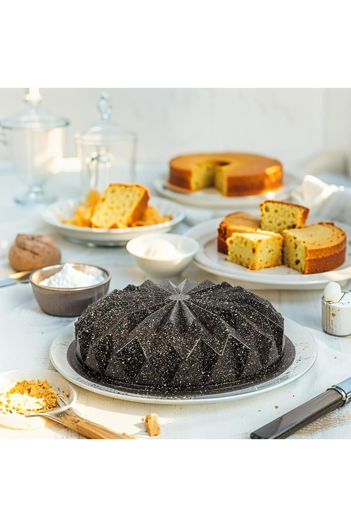 Mena Rise BlackShop Thermo Döküm Gövdeli Kristal Kek Kalıbı 28cm, Dilimli ve Döküm, Siyah Granit Benekl