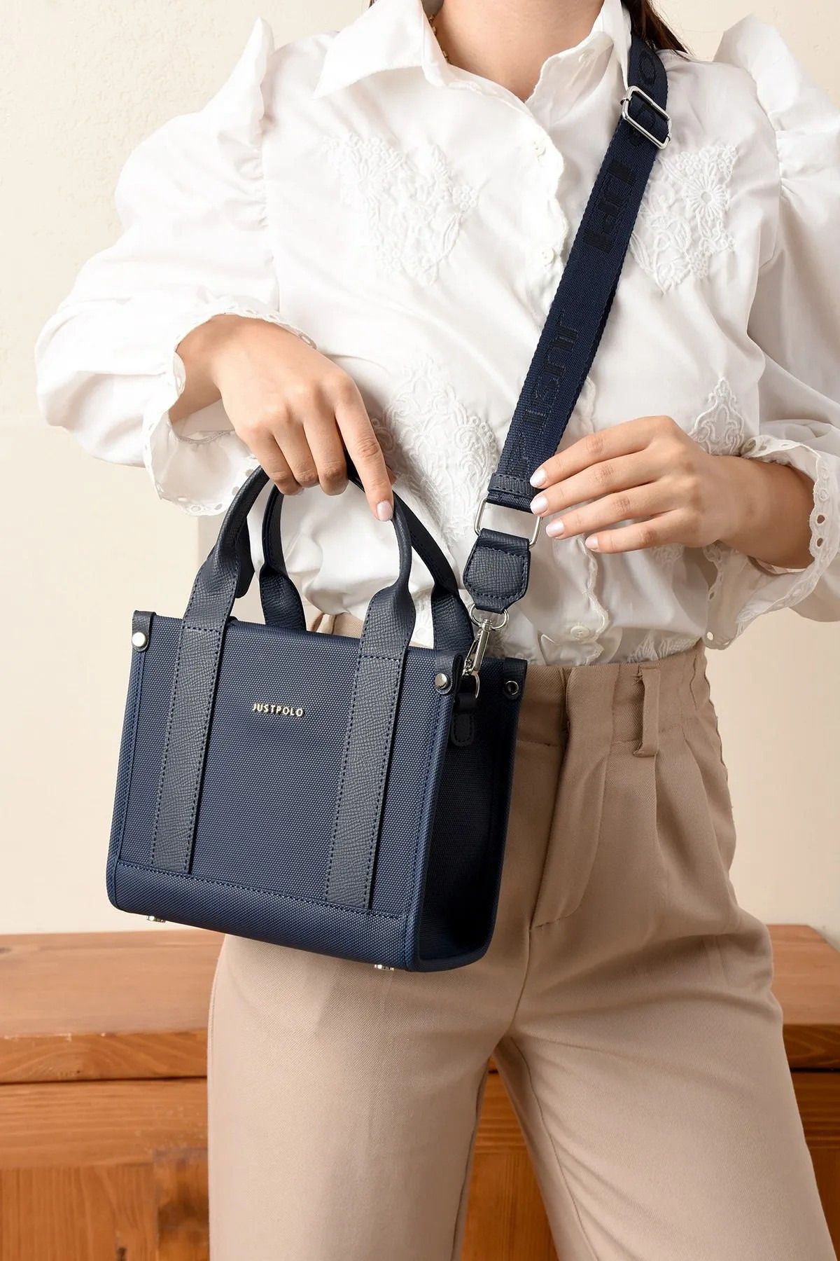 Just Polo Kadın Lacivert Orta Boy Keten El Ve Omuz Çantası 236072MH