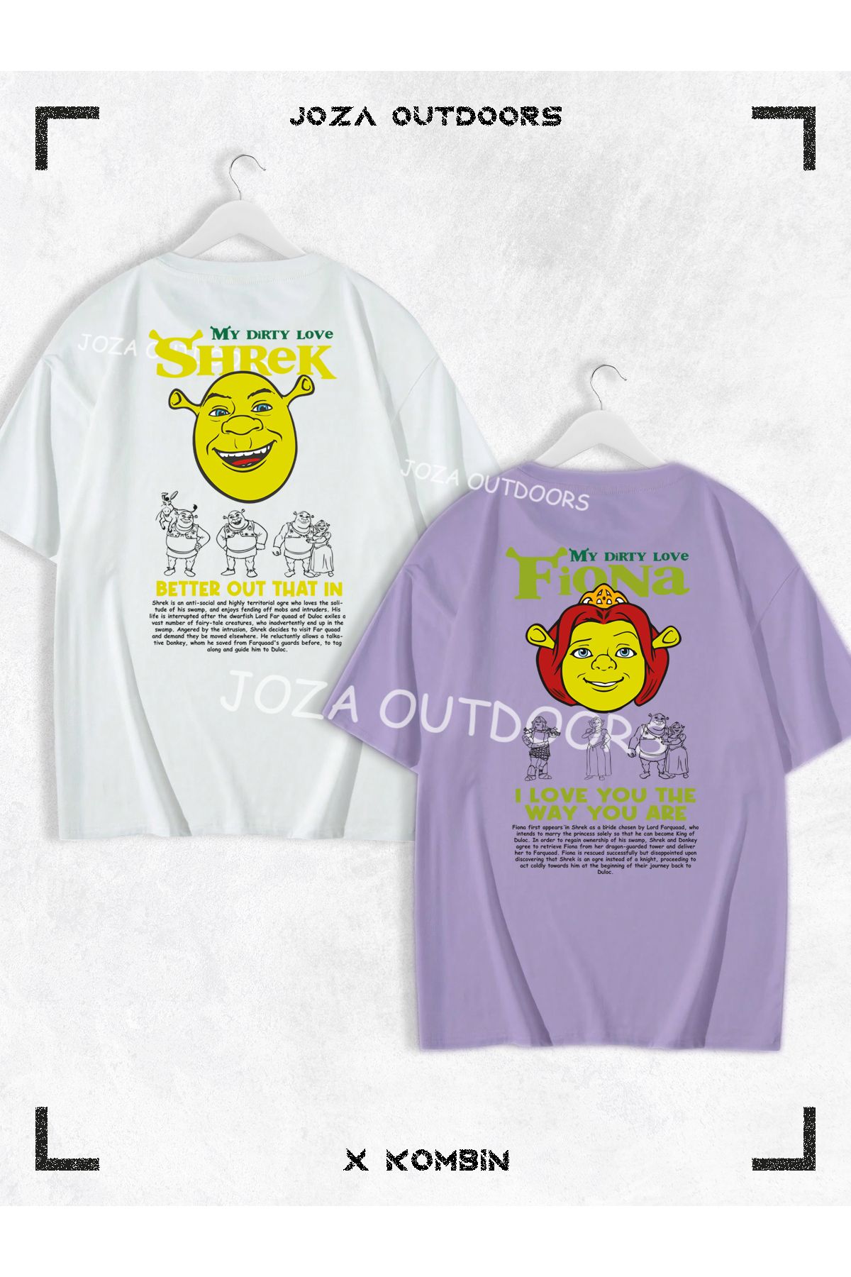 Joza Outdoors Kadın Erkek Shrek Fiona Yazılı SIRT Baskılı Sevgili Çift Kombini Oversize Tshirt 2'li Takım